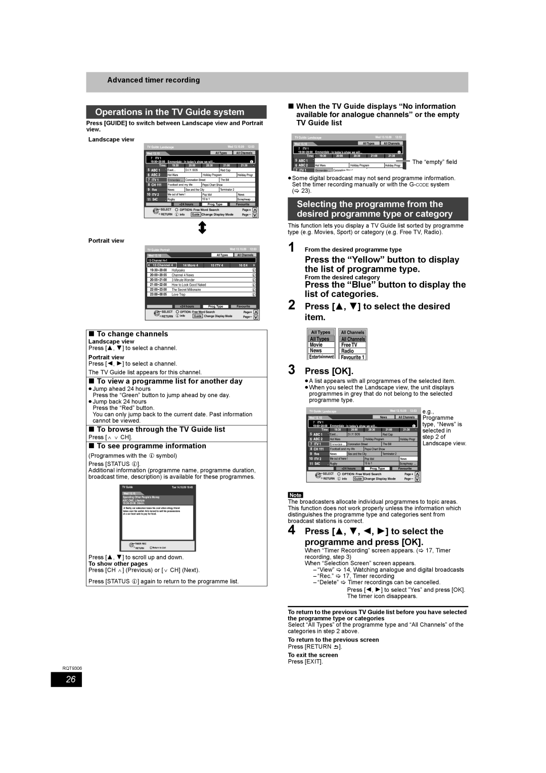 Panasonic DMR-EX79 quick start Operations in the TV Guide system, Press 3, 4, 2, 1 to select the programme and press OK 