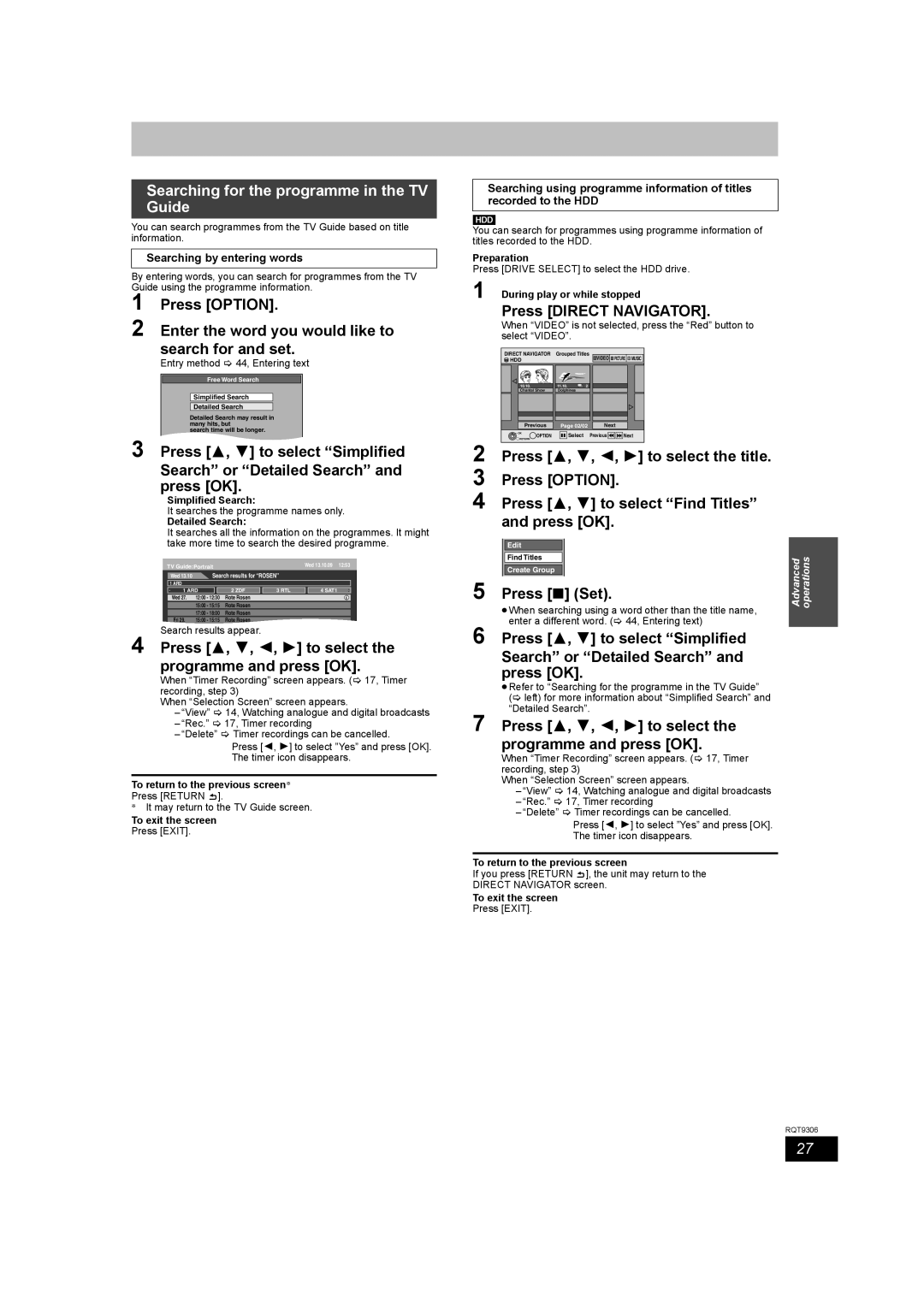 Panasonic DMR-EX79 Press Direct Navigator, Press Set, To return to the previous screen§, During play or while stopped 