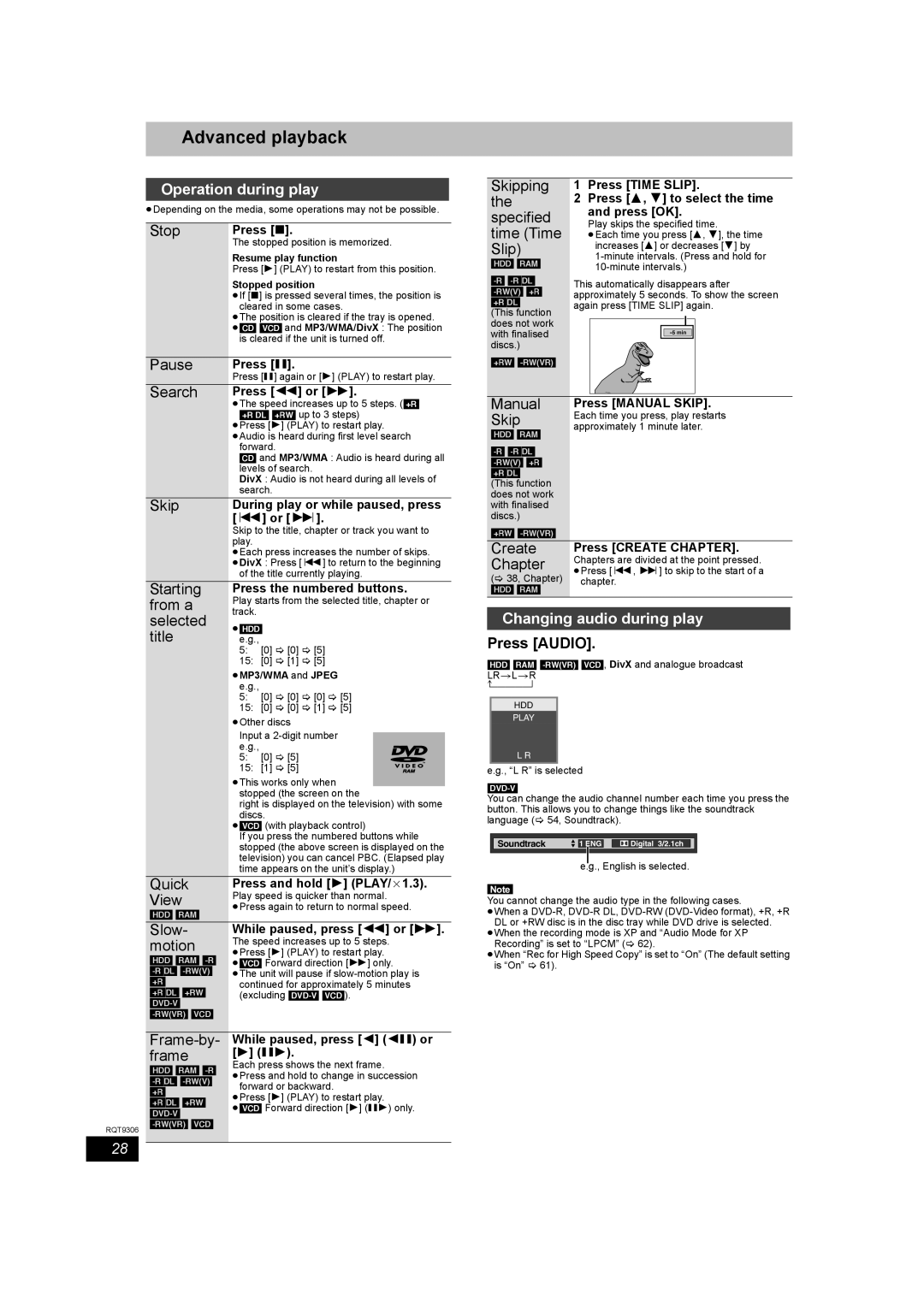 Panasonic DMR-EX79 quick start Advanced playback, Operation during play, Changing audio during play, Press Audio 