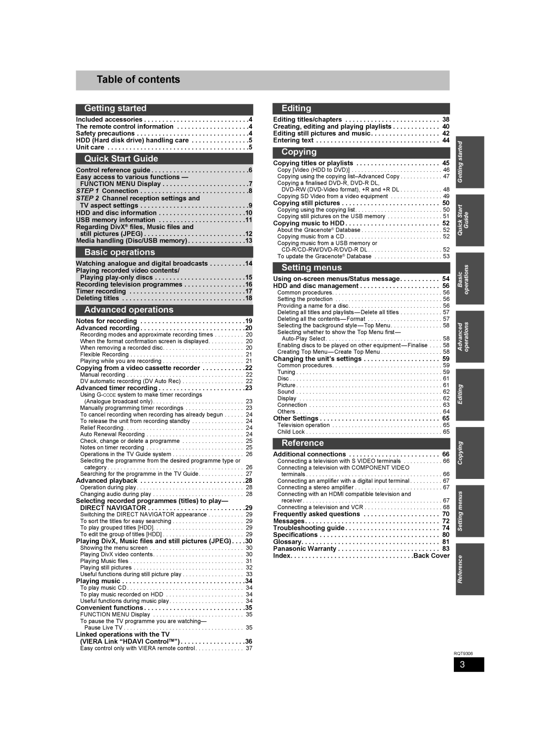 Panasonic DMR-EX79 quick start Table of contents 