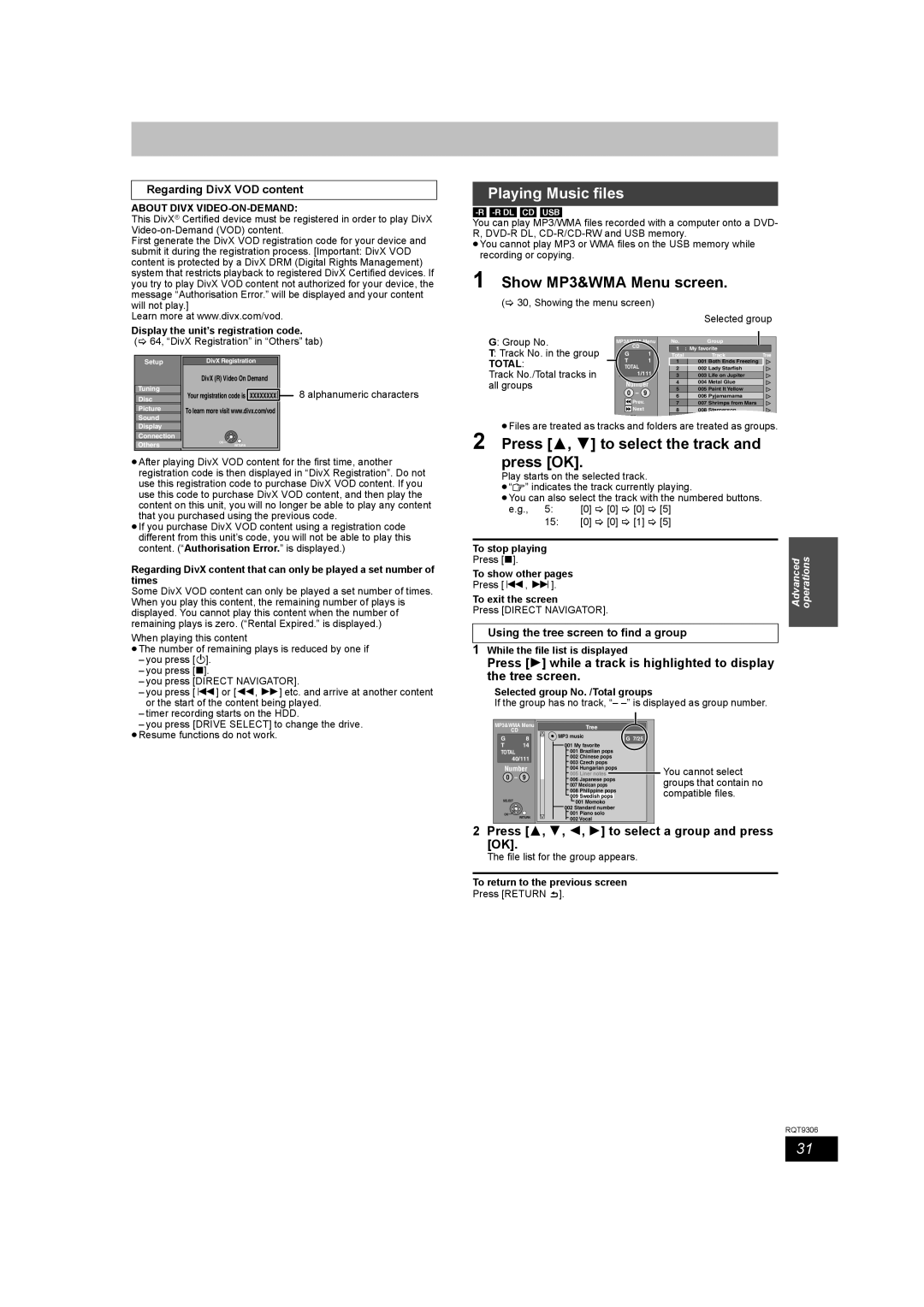 Panasonic DMR-EX79 quick start Playing Music files, Show MP3&WMA Menu screen, Press 3, 4 to select the track and press OK 