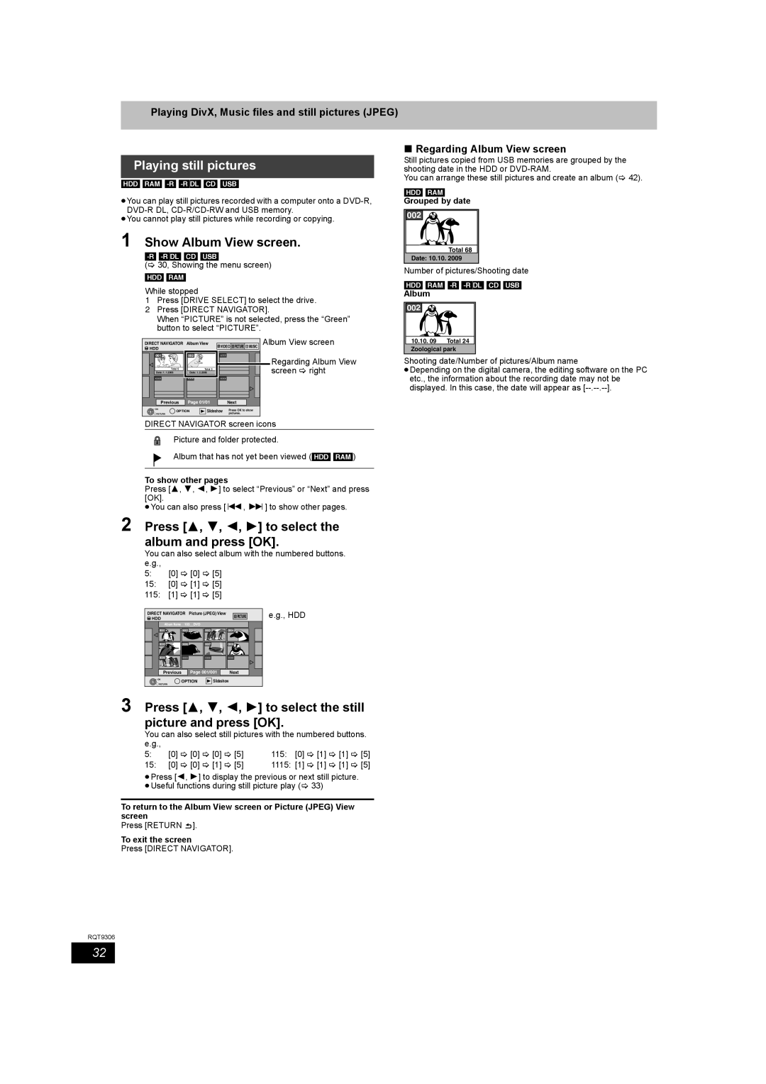 Panasonic DMR-EX79 Playing still pictures, Show Album View screen, Press 3, 4, 2, 1 to select the album and press OK 