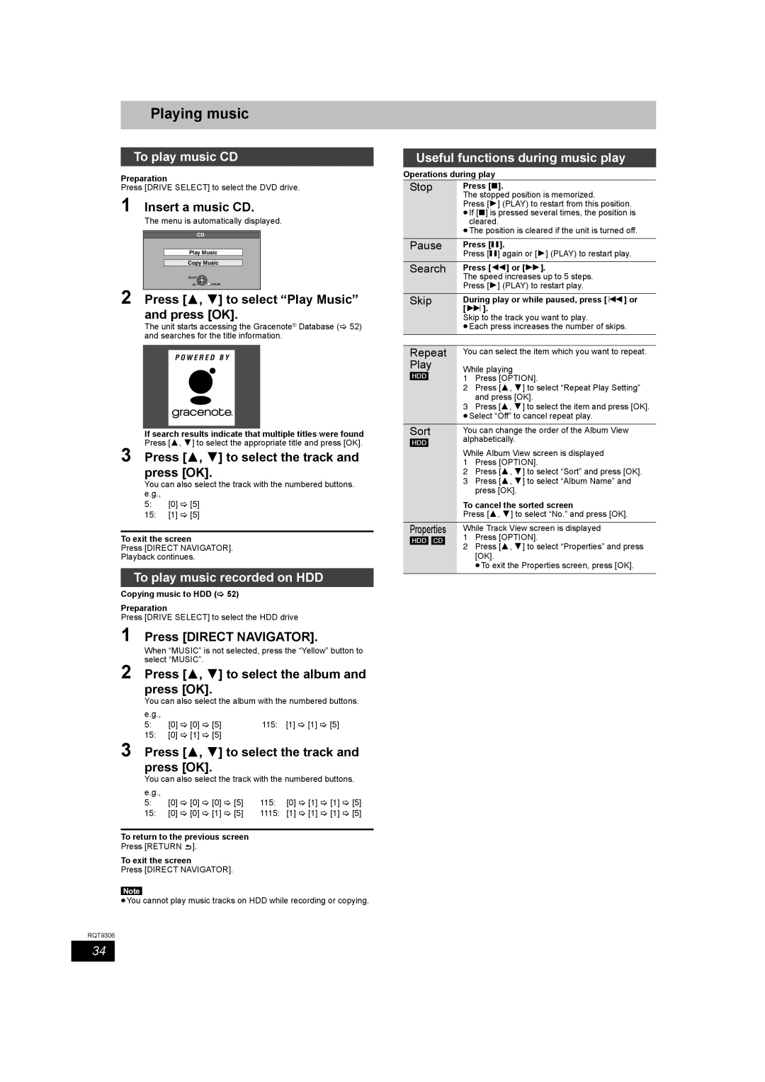 Panasonic DMR-EX79 Playing music, To play music CD, To play music recorded on HDD, Useful functions during music play 