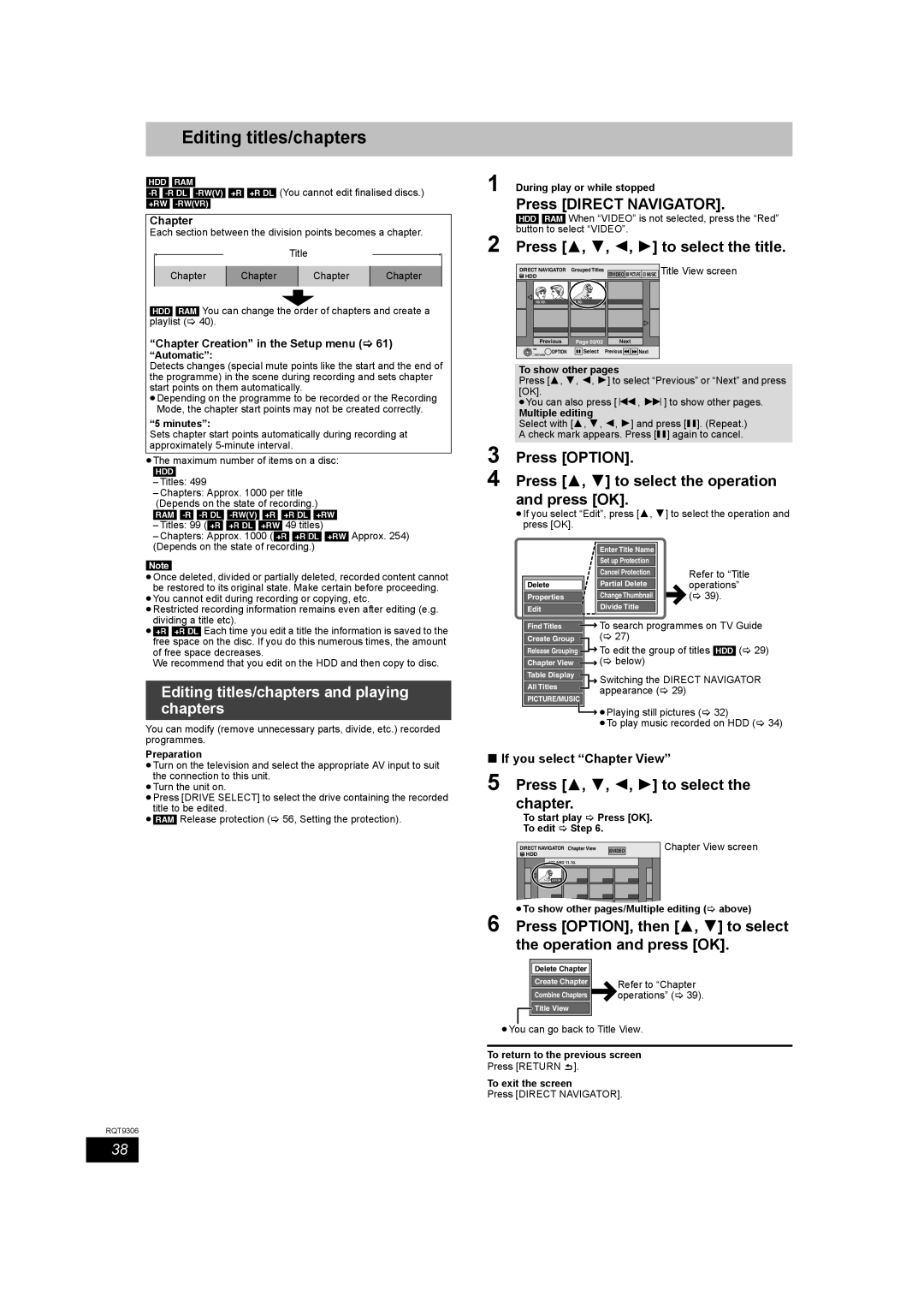 Panasonic DMR-EX79 quick start Editing titles/chapters and playing chapters, Press 3, 4, 2, 1 to select the title 