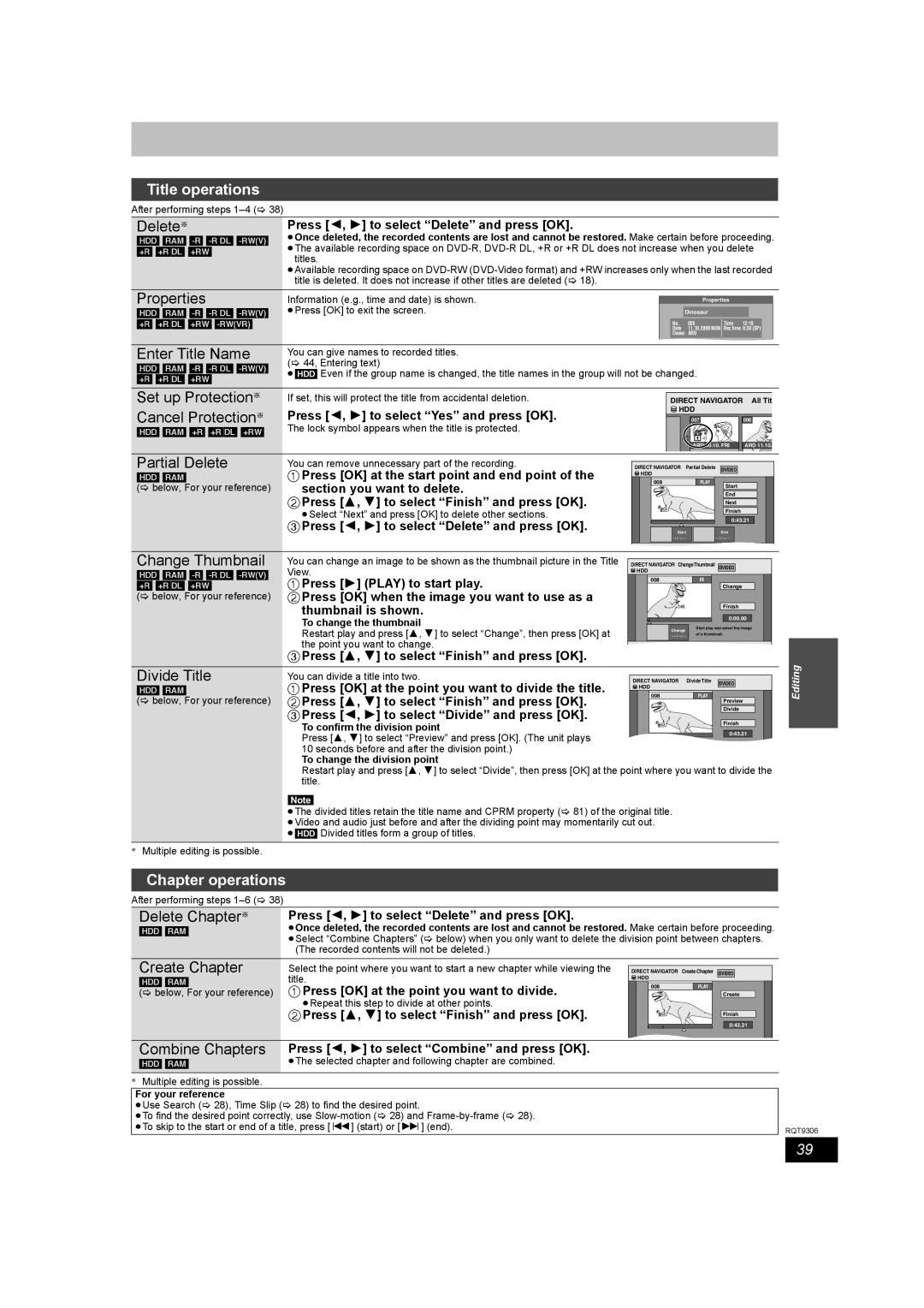 Panasonic DMR-EX79 quick start Title operations, Divide Title, Chapter operations, Combine Chapters 