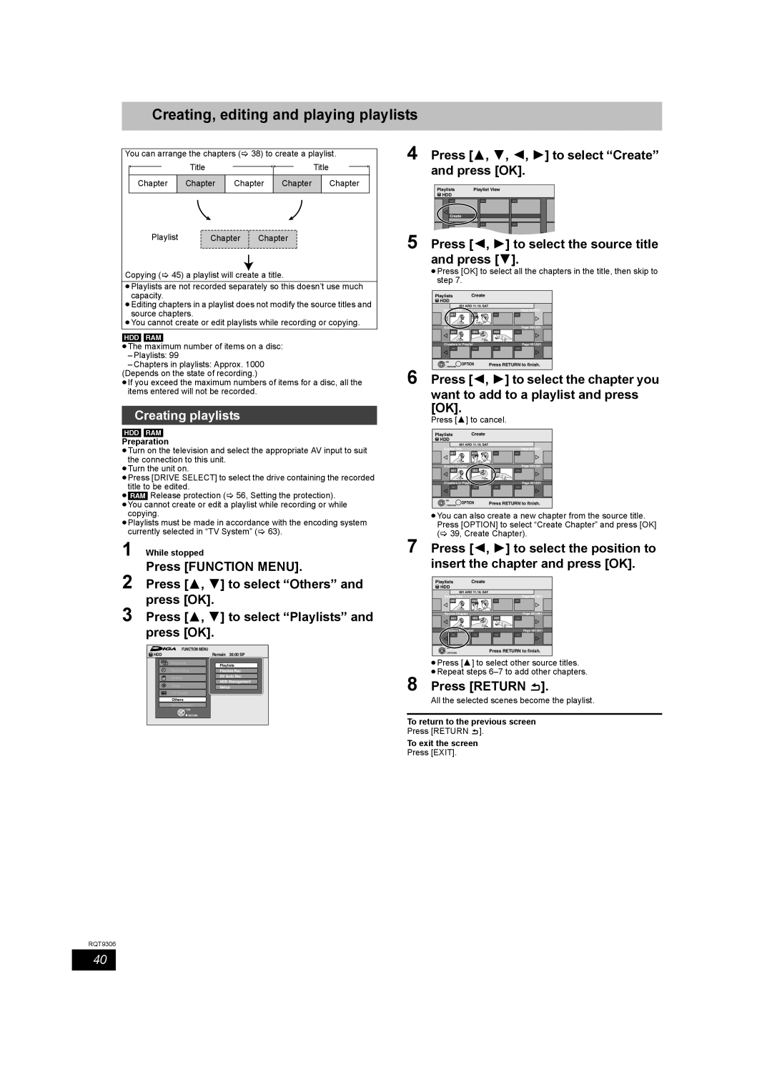 Panasonic DMR-EX79 Creating, editing and playing playlists, Creating playlists, Press 2, 1 to select the source title 