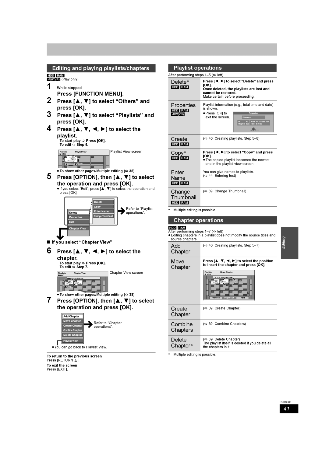 Panasonic DMR-EX79 Editing and playing playlists/chapters, Press OPTION, then 3, 4 to select, Operation and press OK 