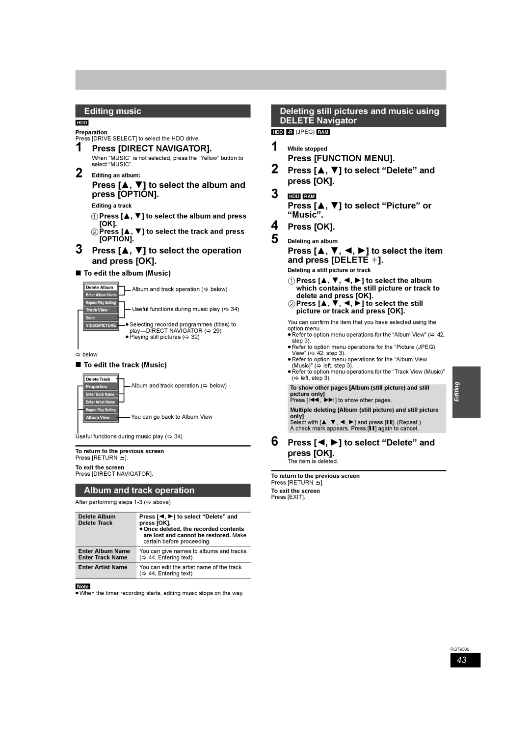 Panasonic DMR-EX79 Editing music, Album and track operation, Deleting still pictures and music using Delete Navigator 