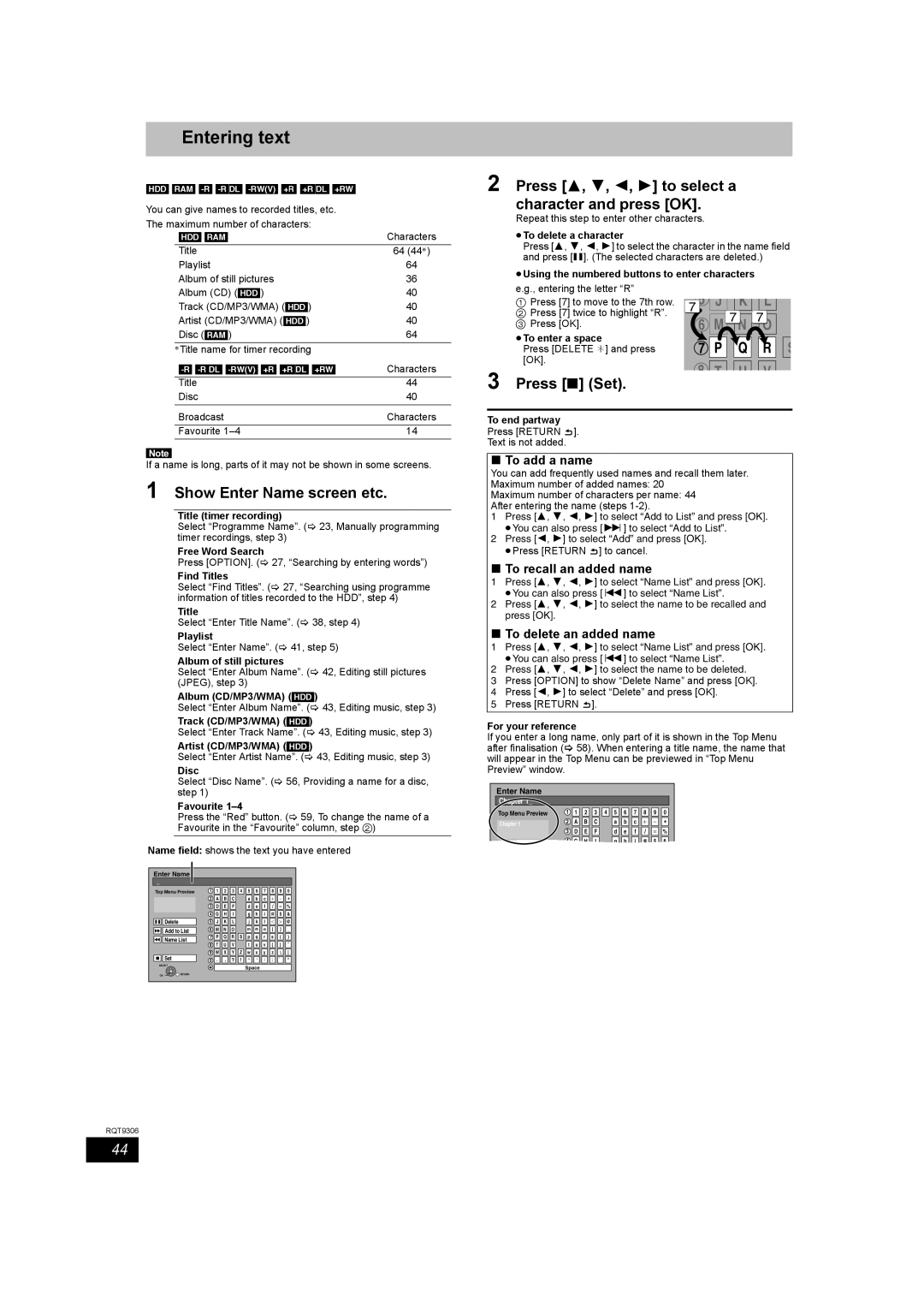 Panasonic DMR-EX79 Entering text, Press 3, 4, 2, 1 to select a character and press OK, Show Enter Name screen etc 