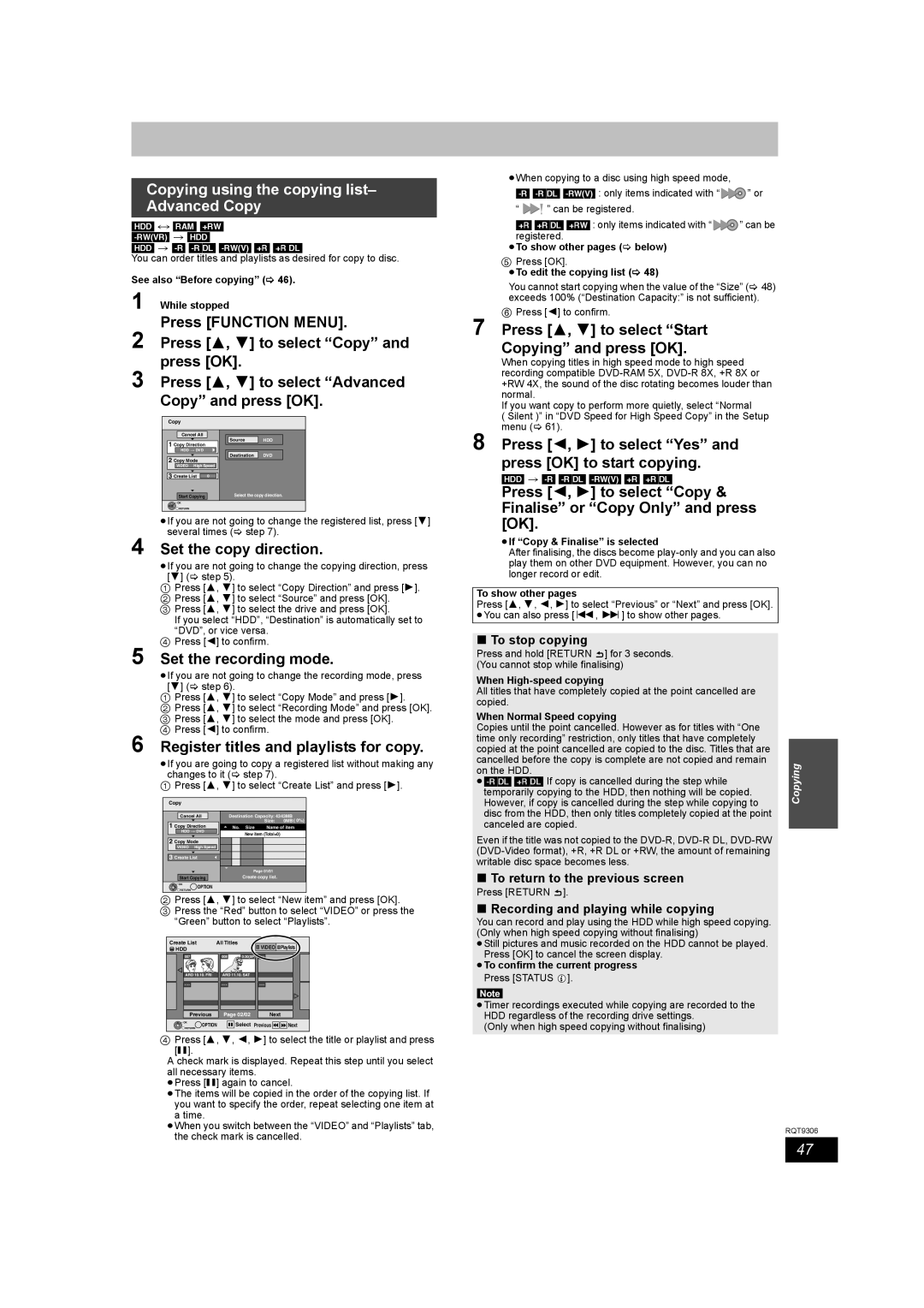 Panasonic DMR-EX79 quick start Copying using the copying list- Advanced Copy 