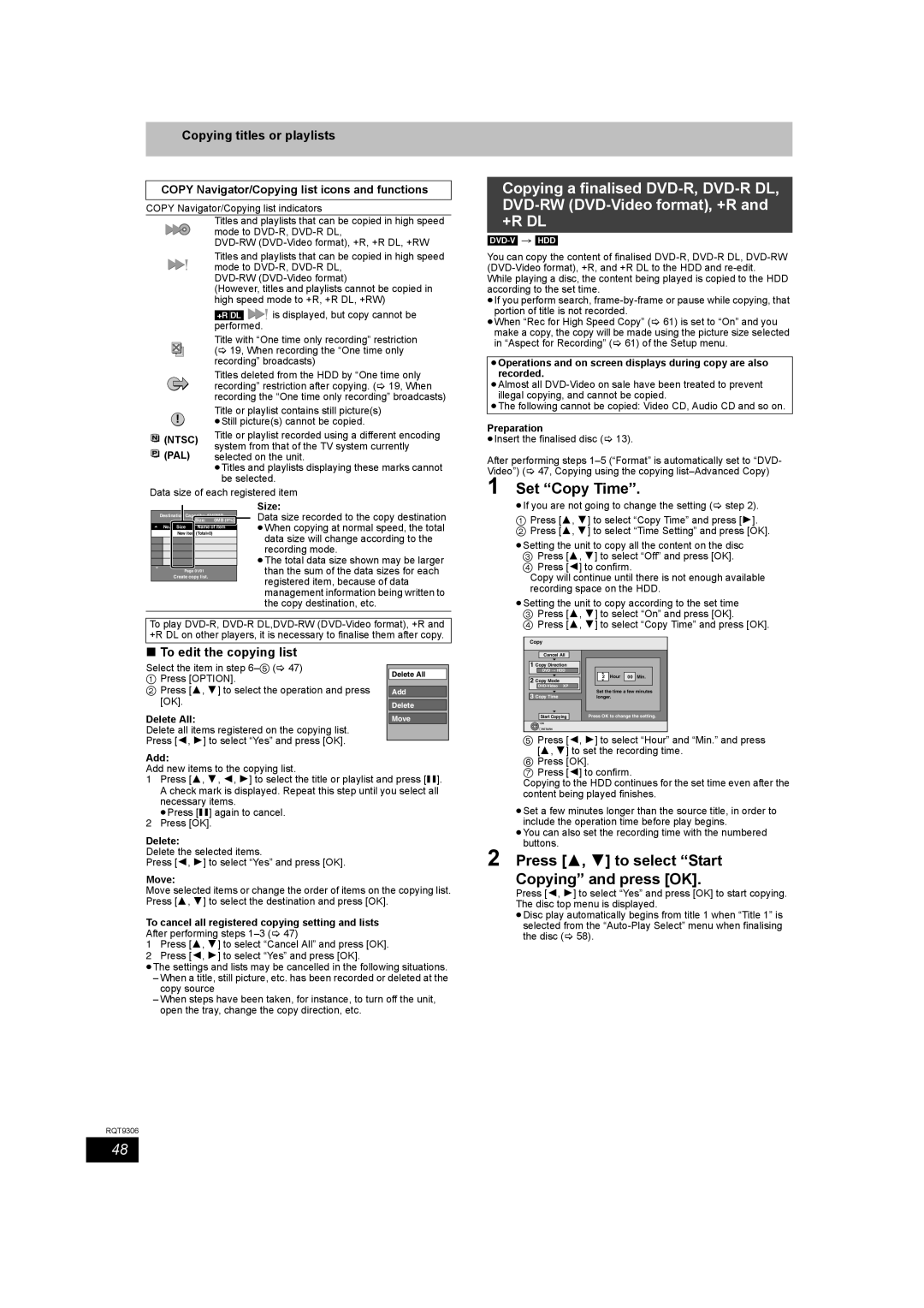 Panasonic DMR-EX79 quick start Set Copy Time, To edit the copying list, Copy Navigator/Copying list icons and functions 