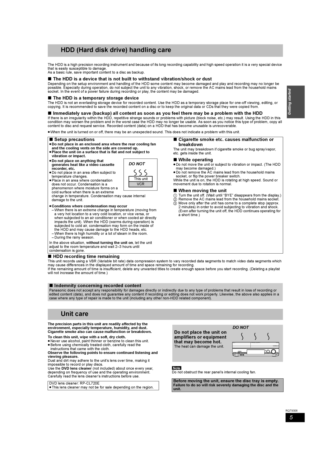 Panasonic DMR-EX79 quick start HDD Hard disk drive handling care, Unit care 