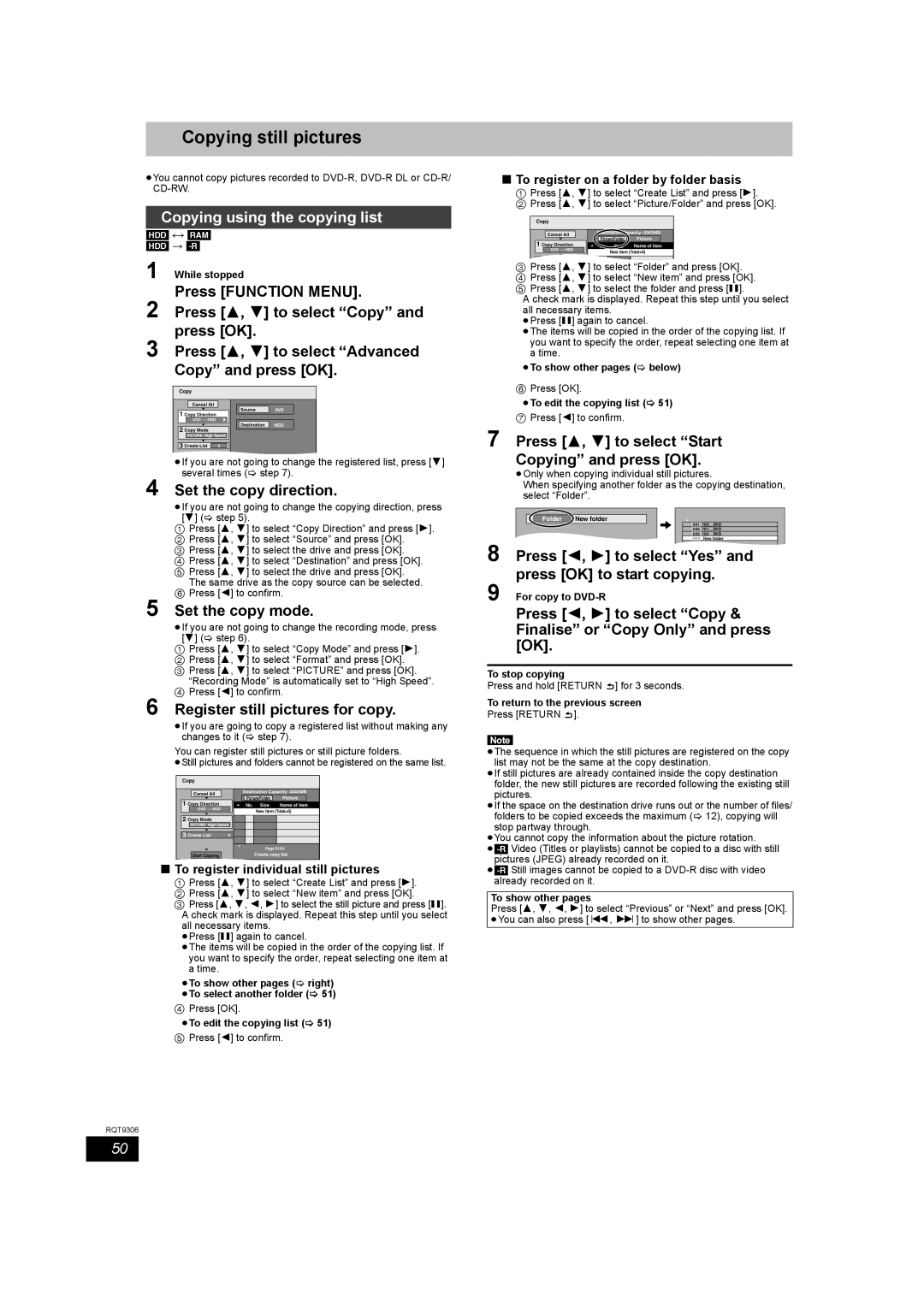 Panasonic DMR-EX79 quick start Copying still pictures, Copying using the copying list 