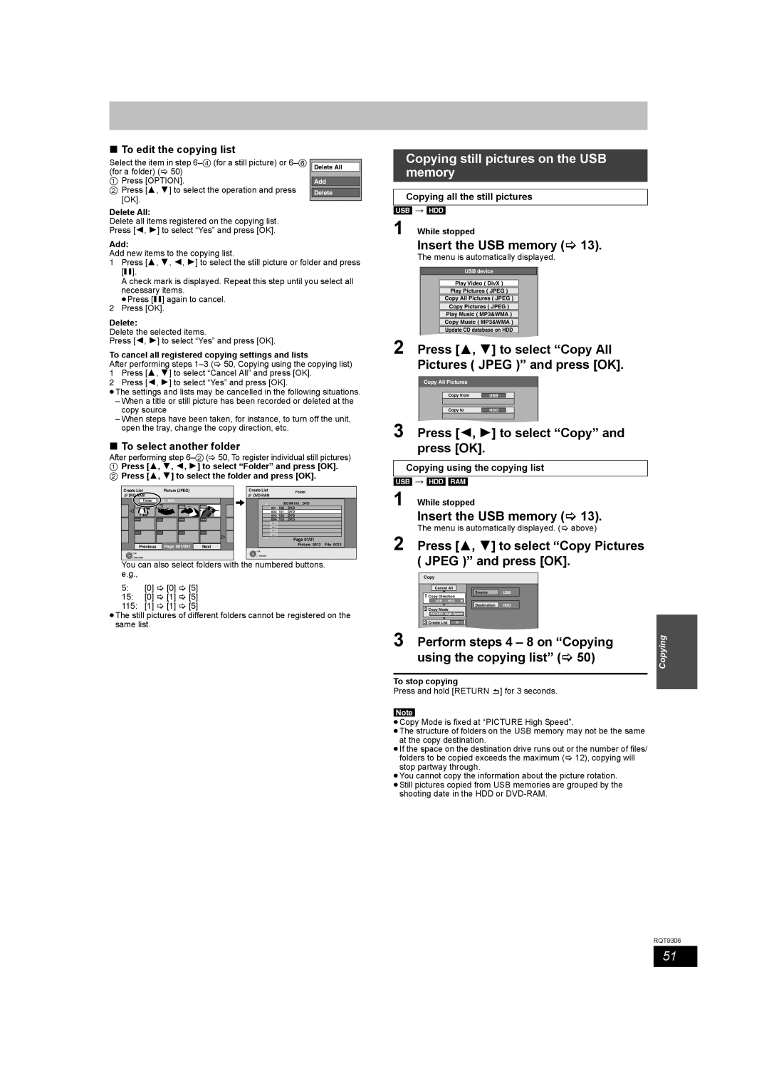 Panasonic DMR-EX79 quick start Copying still pictures on the USB memory, Perform steps 4 8 on Copying 