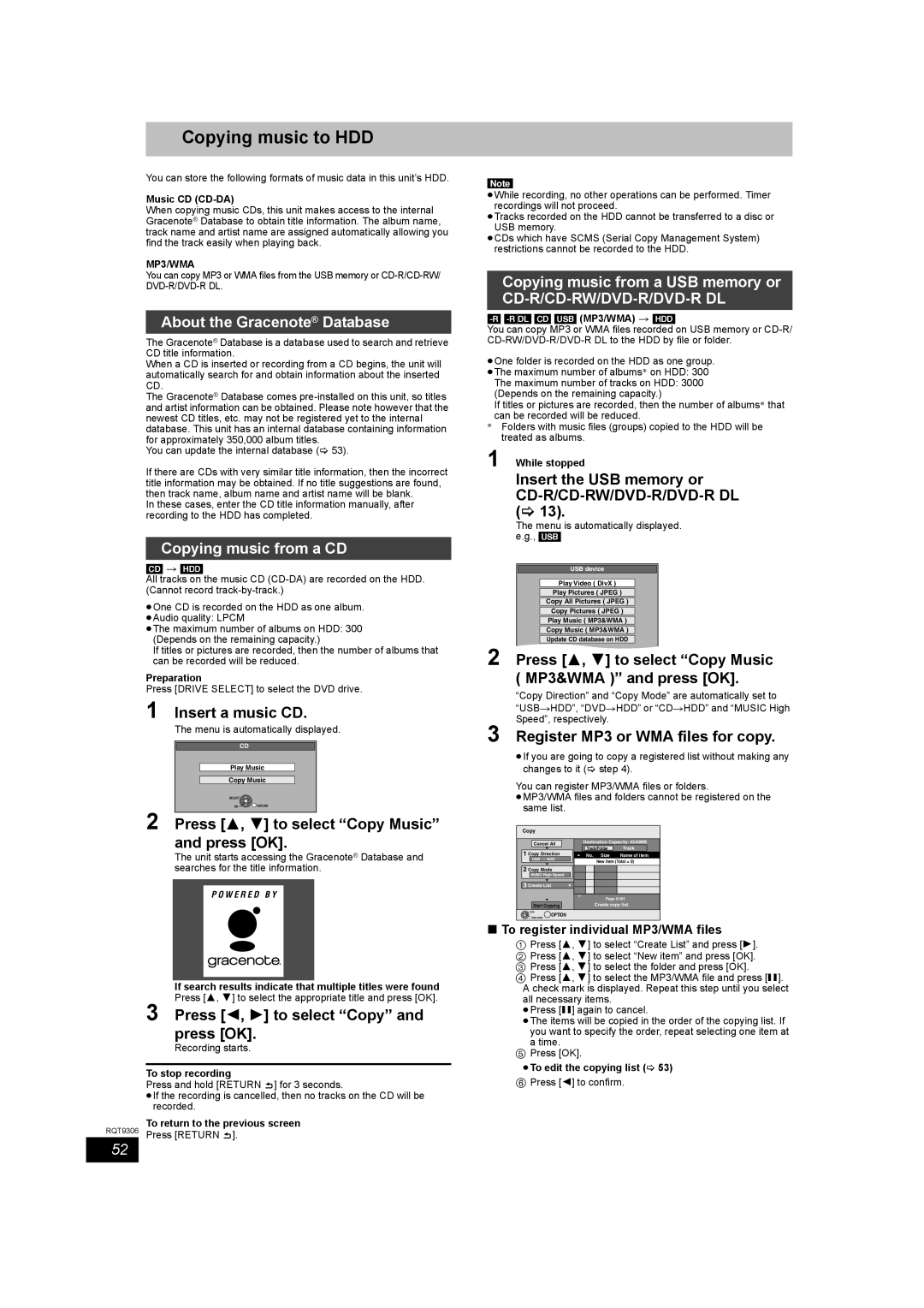 Panasonic DMR-EX79 quick start Copying music to HDD, About the Gracenote Database, Copying music from a CD 