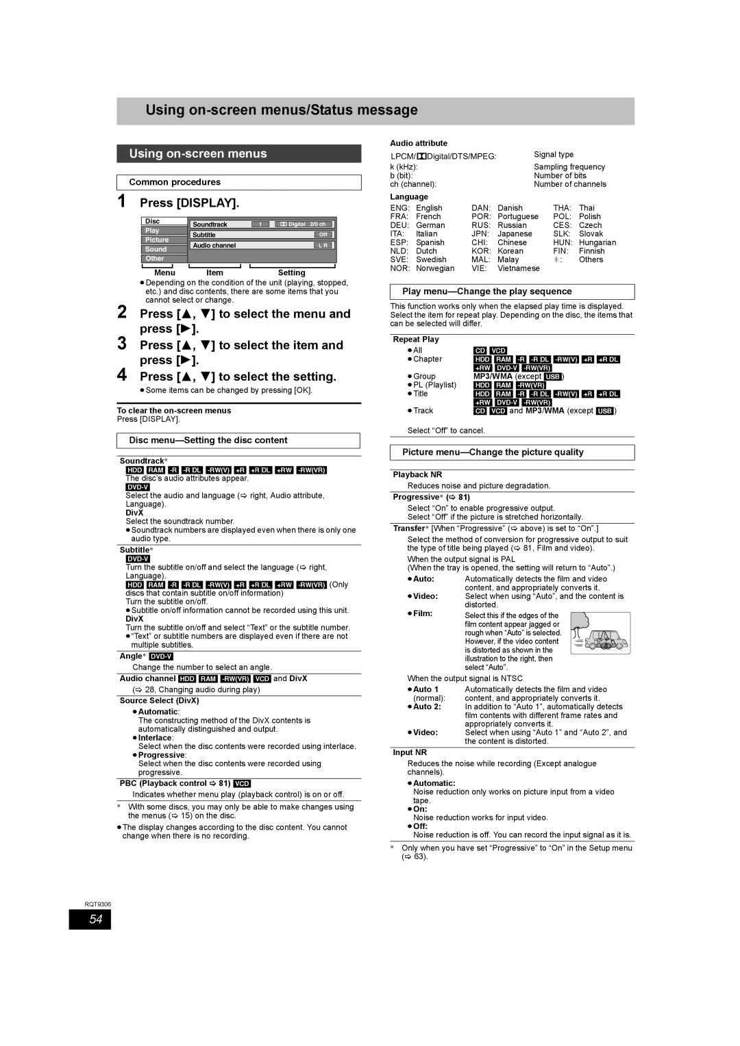 Panasonic DMR-EX79 quick start Using on-screen menus/Status message, Press Display 