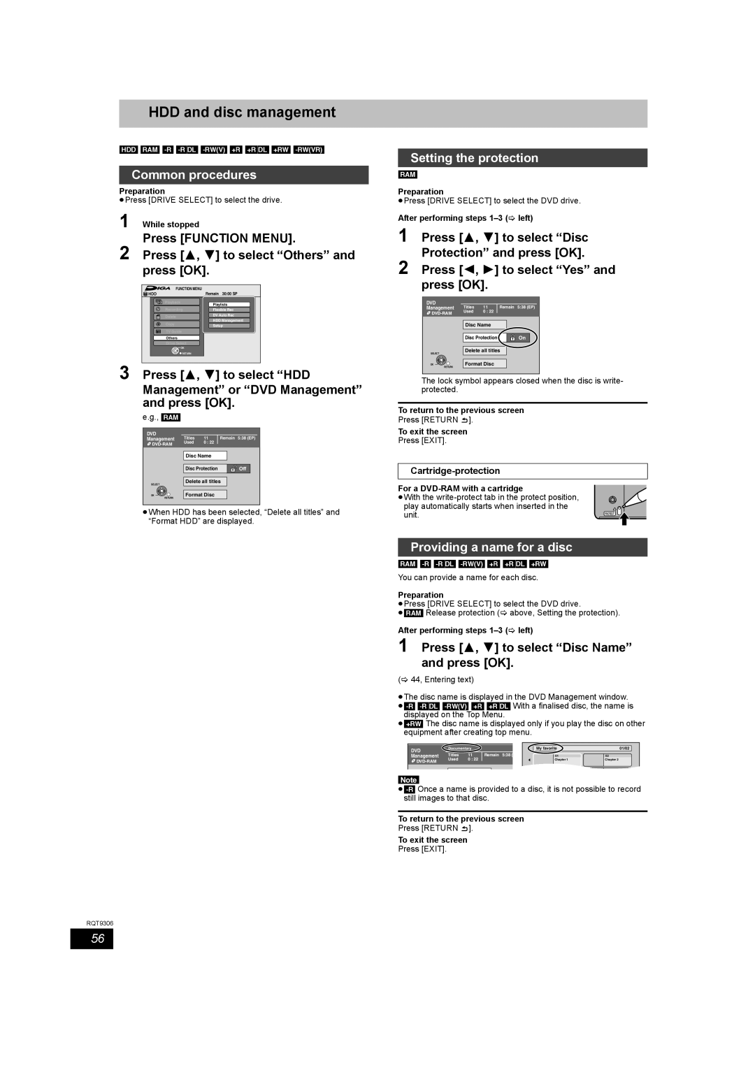 Panasonic DMR-EX79 HDD and disc management, Common procedures, Setting the protection, Providing a name for a disc 