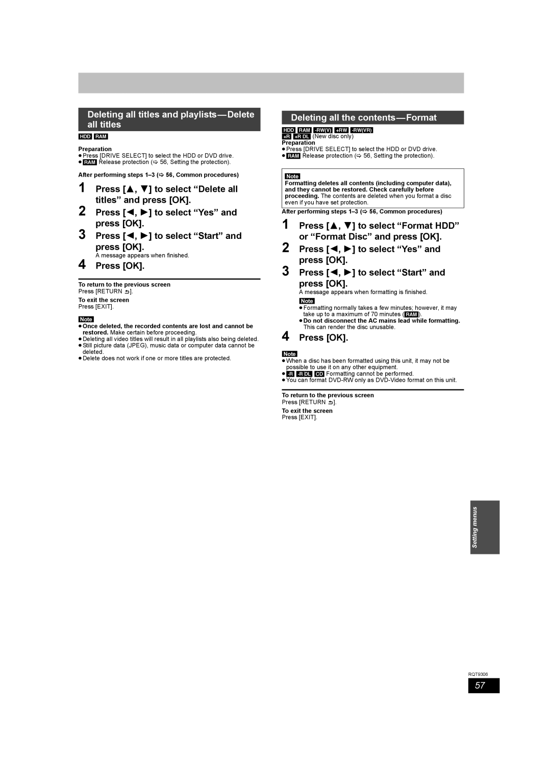 Panasonic DMR-EX79 quick start Deleting all titles and playlists-Delete all titles, Deleting all the contents-Format 