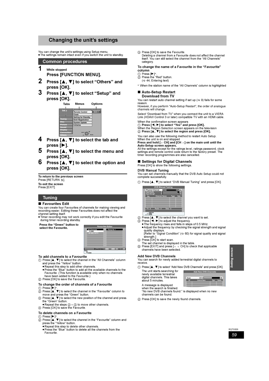 Panasonic DMR-EX79 quick start Changing the unit’s settings, Press 3, 4 to select the tab, Tuning 