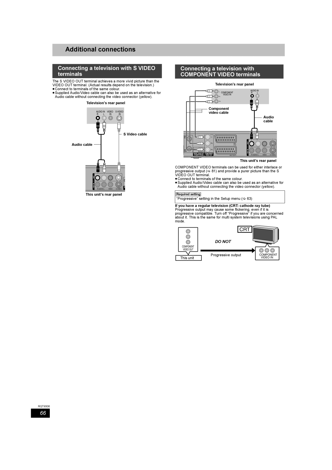 Panasonic DMR-EX79 Connecting a television with S Video terminals, Connecting a television with Component Video terminals 