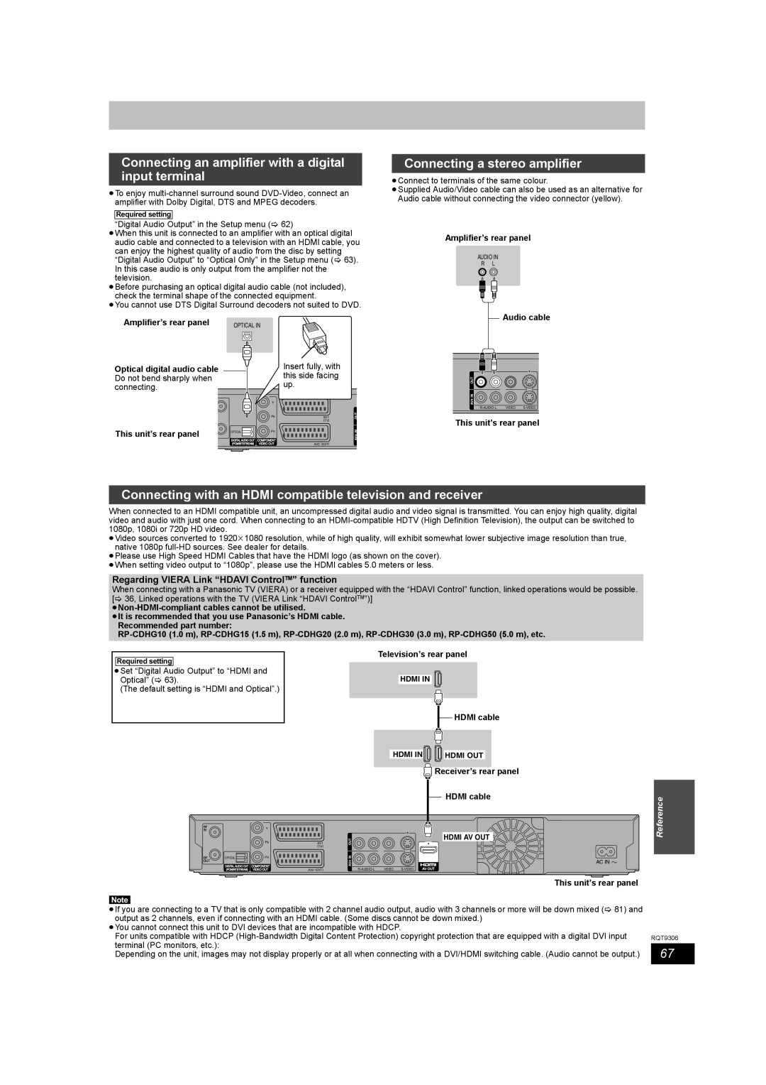 Panasonic DMR-EX79 quick start Connecting an amplifier with a digital input terminal, Connecting a stereo amplifier 