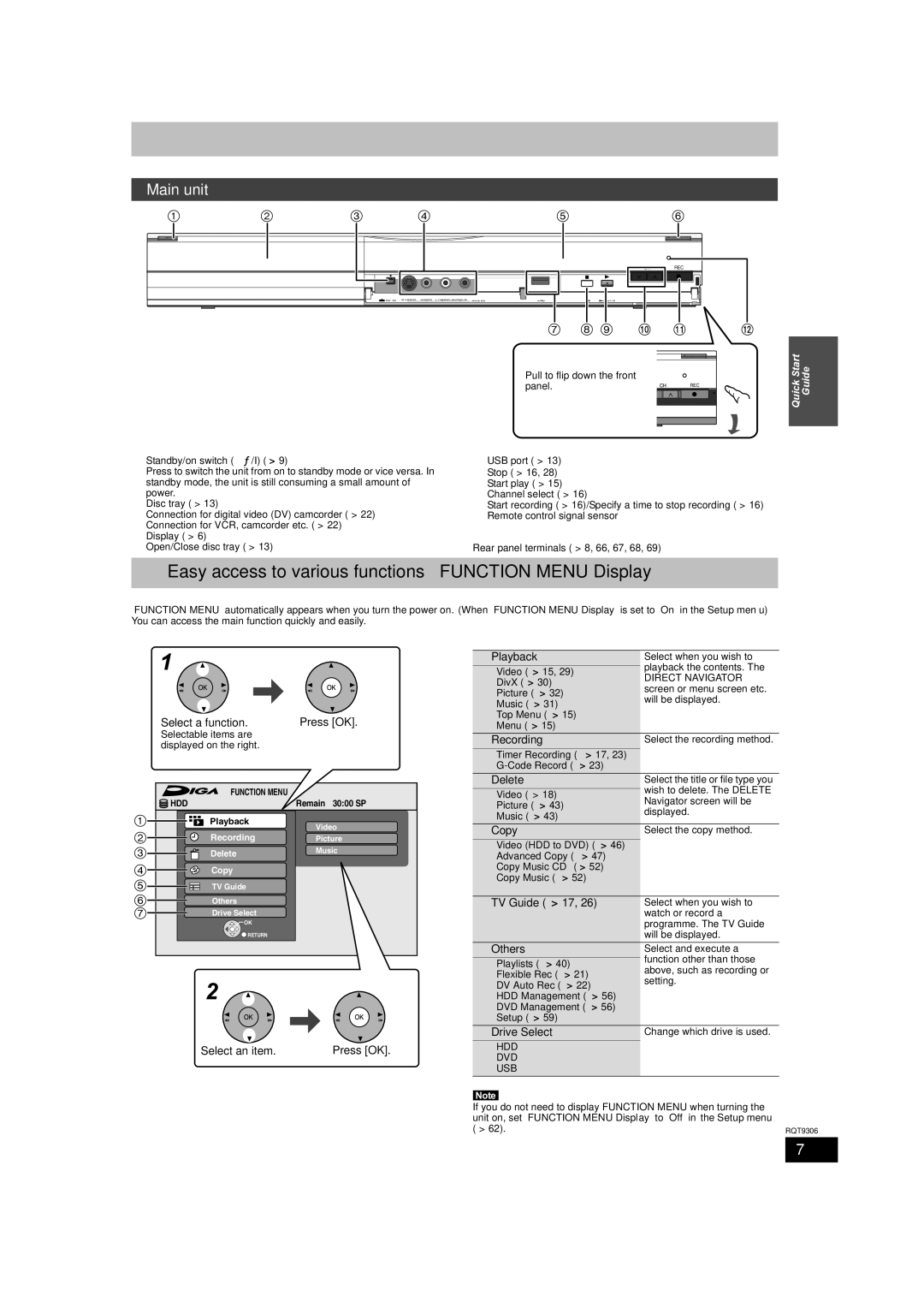 Panasonic DMR-EX79 quick start Easy access to various functions Function Menu Display, Main unit 