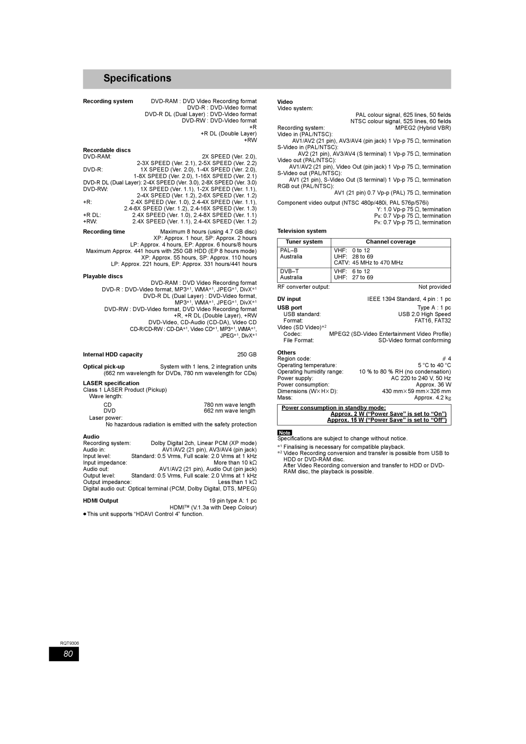 Panasonic DMR-EX79 quick start Specifications 