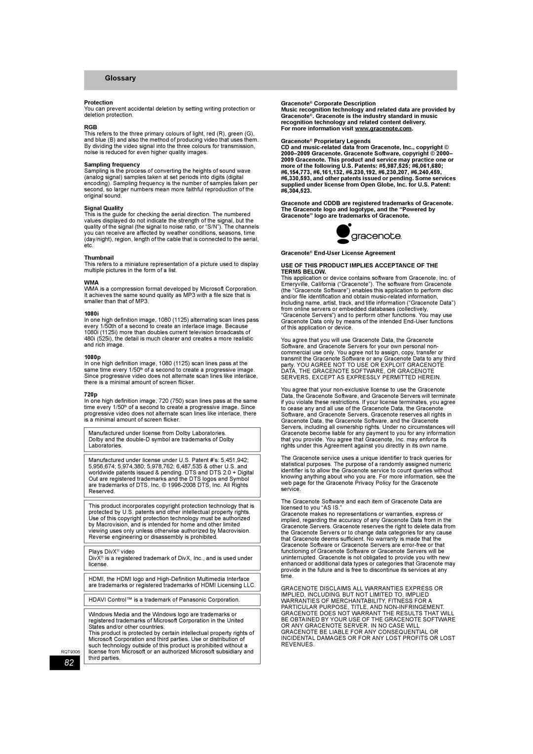 Panasonic DMR-EX79 quick start Glossary, Rgb, Wma, USE of this Product Implies Acceptance of the Terms below 