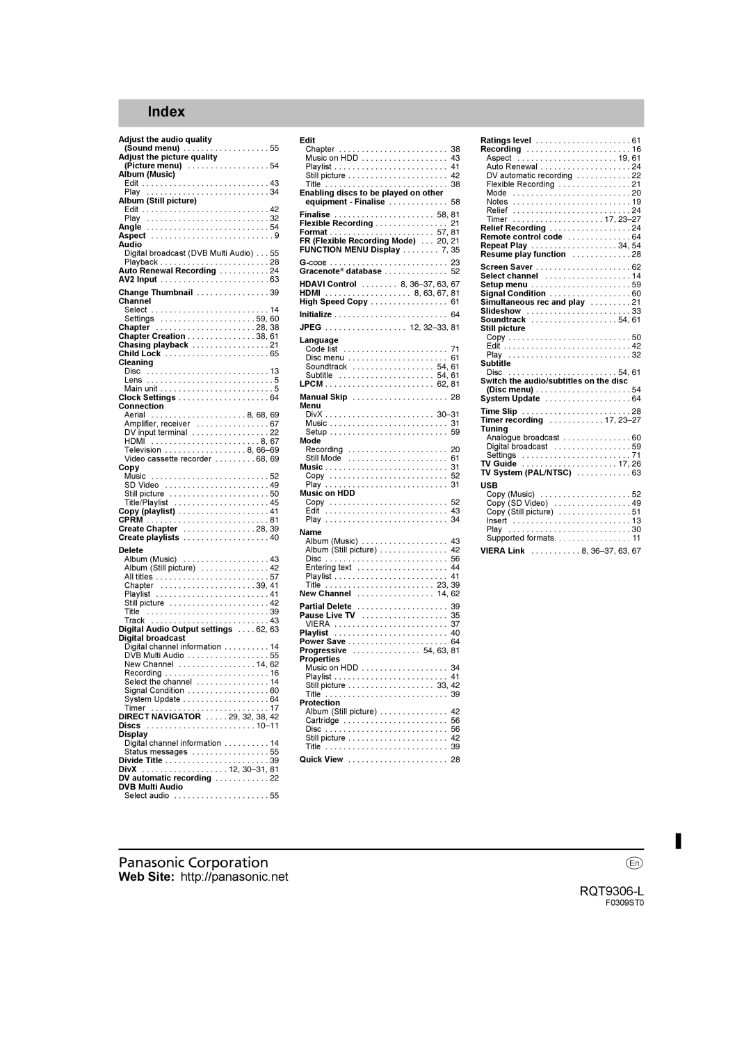 Panasonic DMR-EX79 quick start Index 