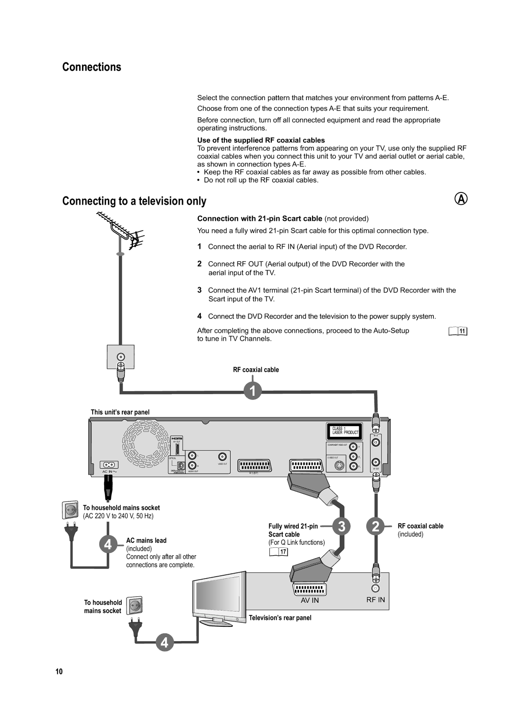 Panasonic DMR-EX95V manual Connections, Connecting to a television only, Connection with 21-pin Scart cable not provided 