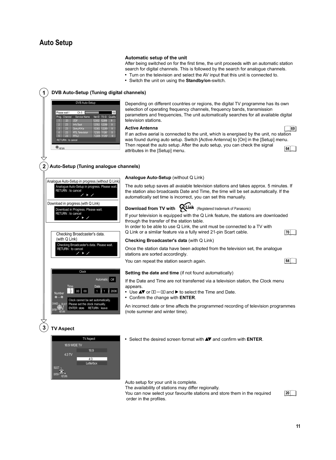 Panasonic DMR-EX95V manual Auto Setup, Automatic setup of the unit, DVB Auto-Setup Tuning digital channels, TV Aspect 