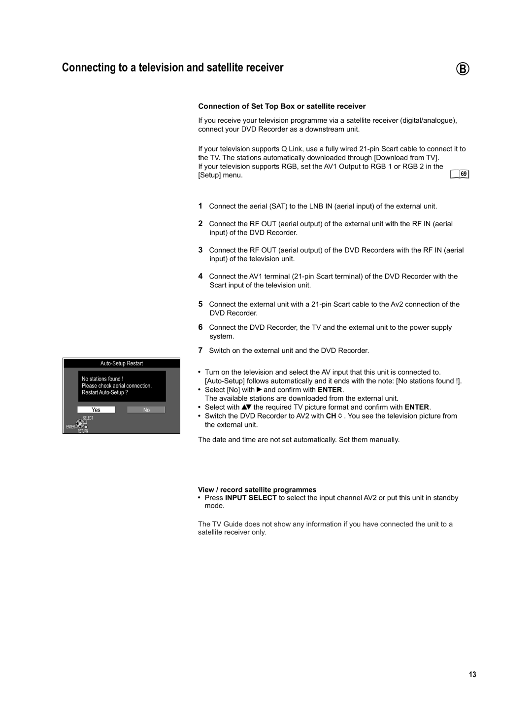 Panasonic DMR-EX95V manual Connection of Set Top Box or satellite receiver, View / record satellite programmes 