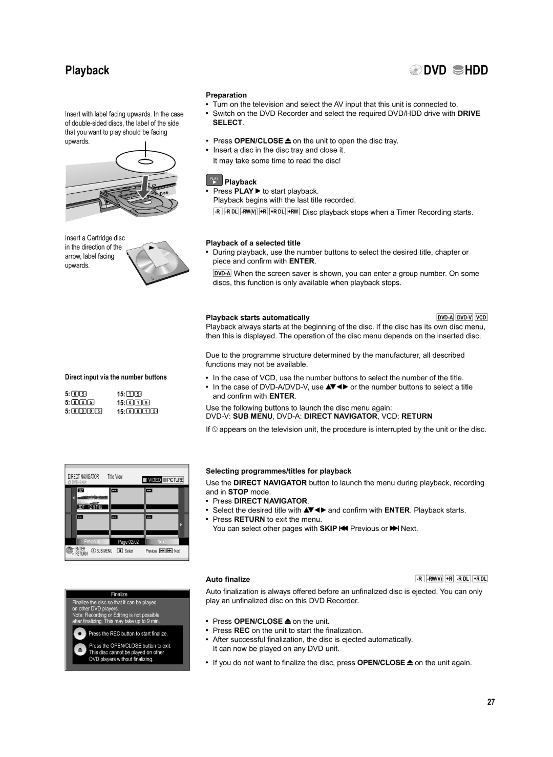 Panasonic DMR-EX95V manual Playback, DVD-VSUB MENU, DVD-ADIRECT NAVIGATOR, VCD Return 