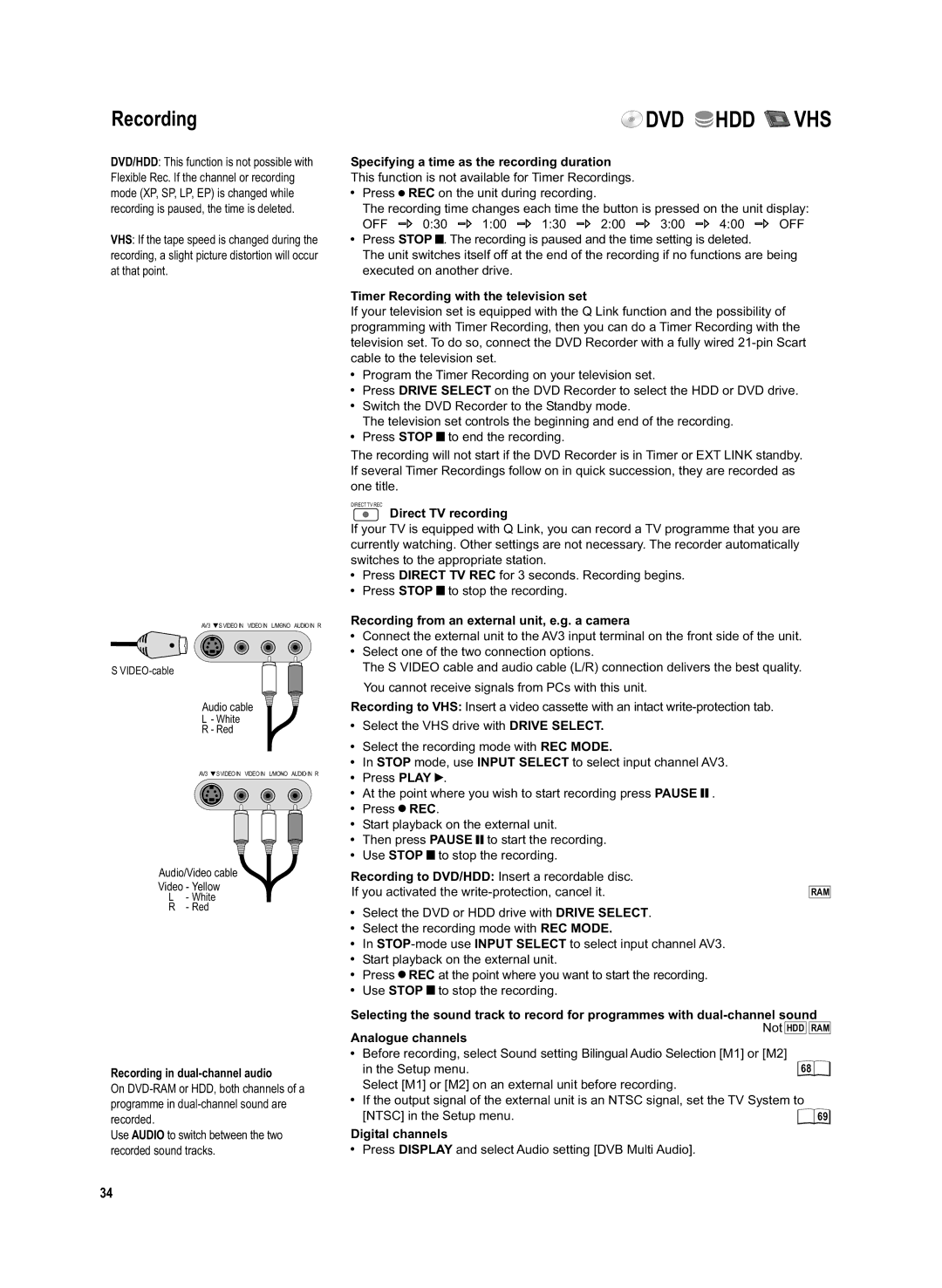 Panasonic DMR-EX95V manual Recording in dual-channel audio, Specifying a time as the recording duration, Analogue channels 