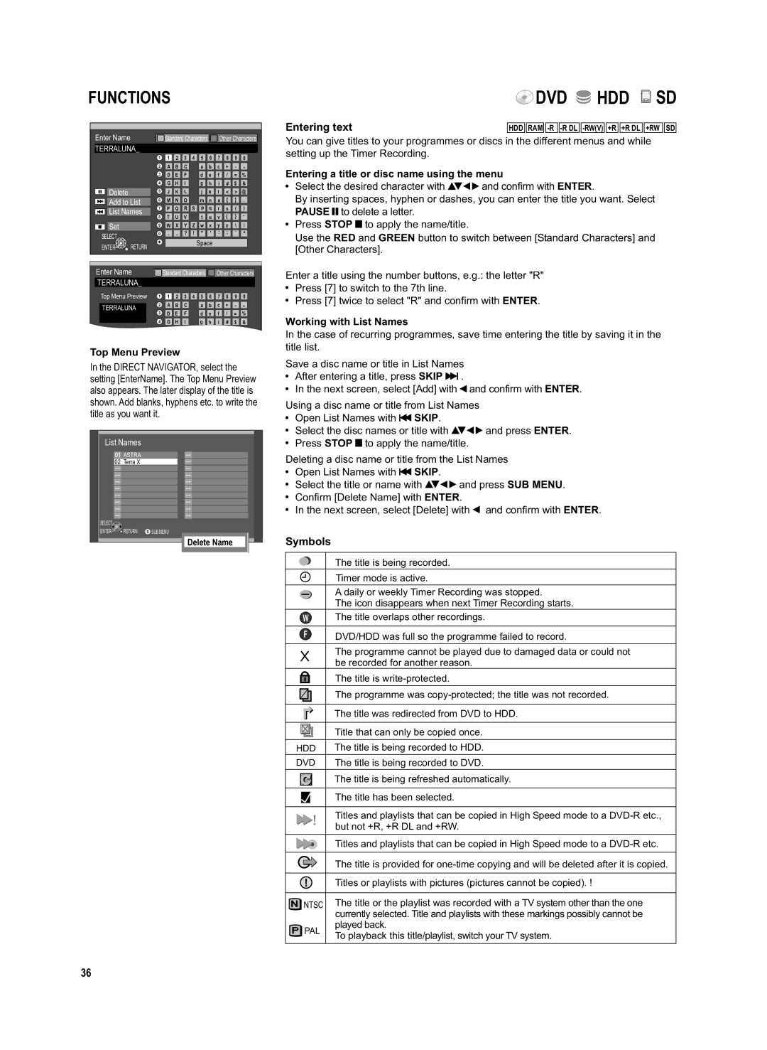 Panasonic DMR-EX95V manual Entering text, Symbols, Top Menu Preview, Entering a title or disc name using the menu 