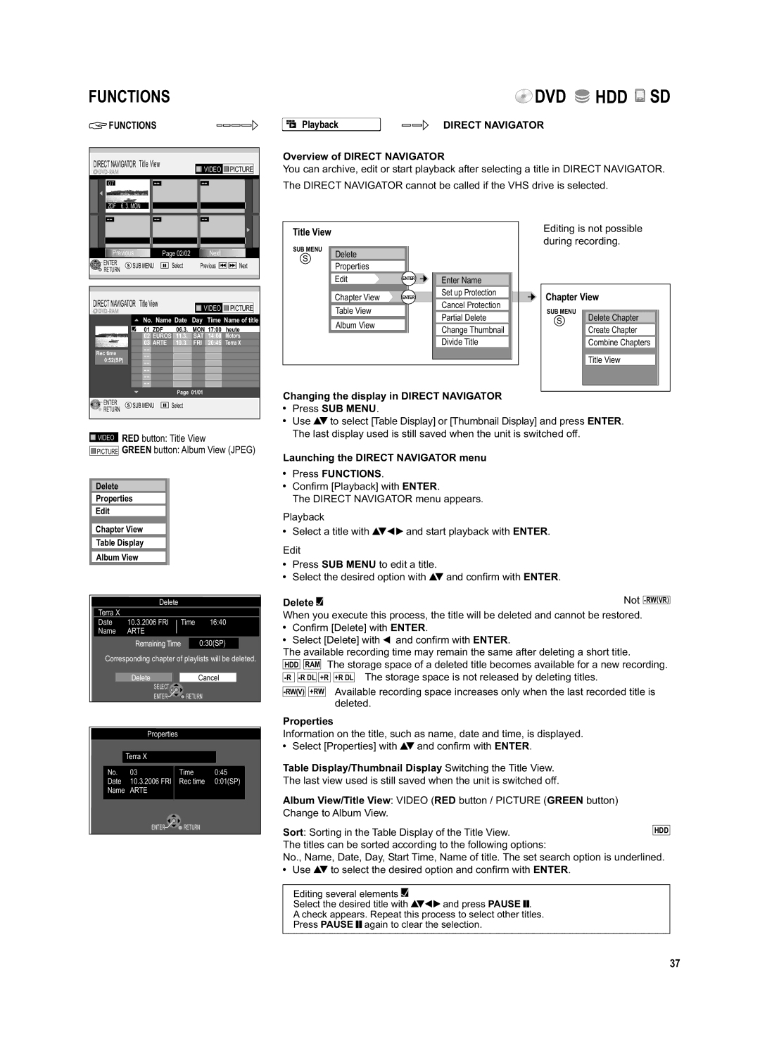 Panasonic DMR-EX95V manual Playback, Overview of Direct Navigator, Title View, Chapter View, Delete Not, Properties 