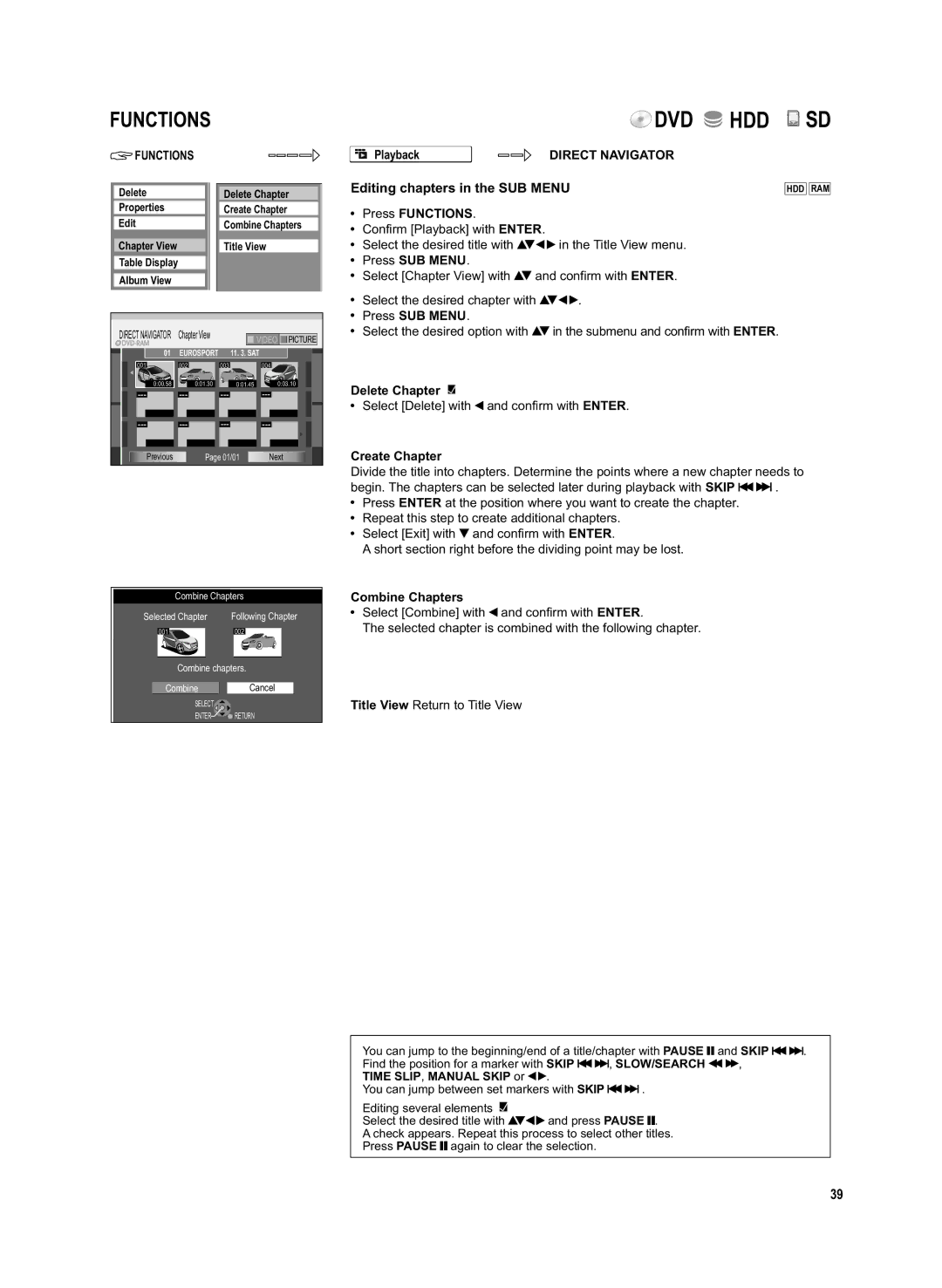 Panasonic DMR-EX95V manual Editing chapters in the SUB Menu, Confirm Playback with Enter Select the desired title with 