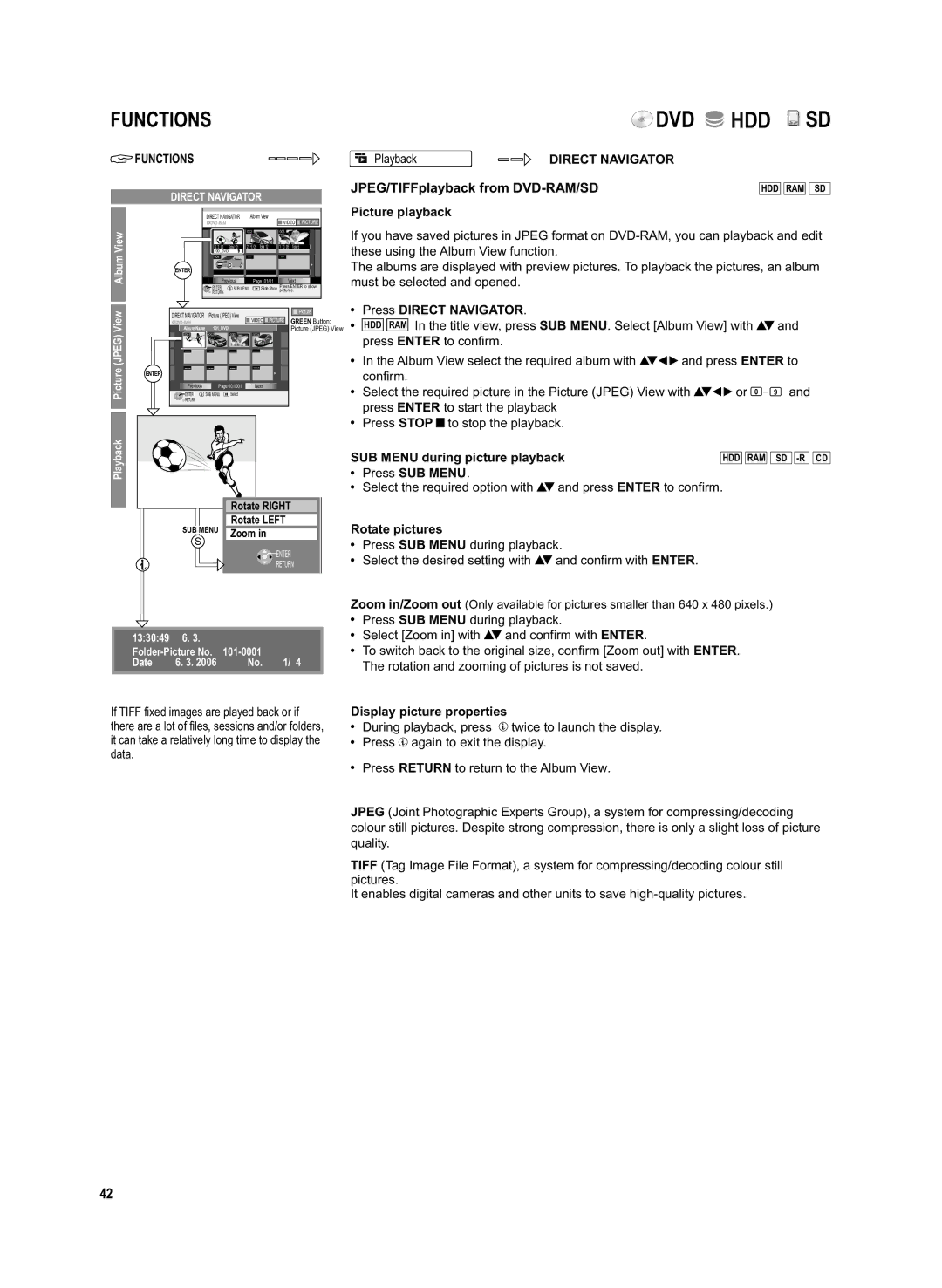 Panasonic DMR-EX95V manual JPEG/TIFFplayback from DVD-RAM/SD, SUB Menu during picture playback, Rotate pictures 