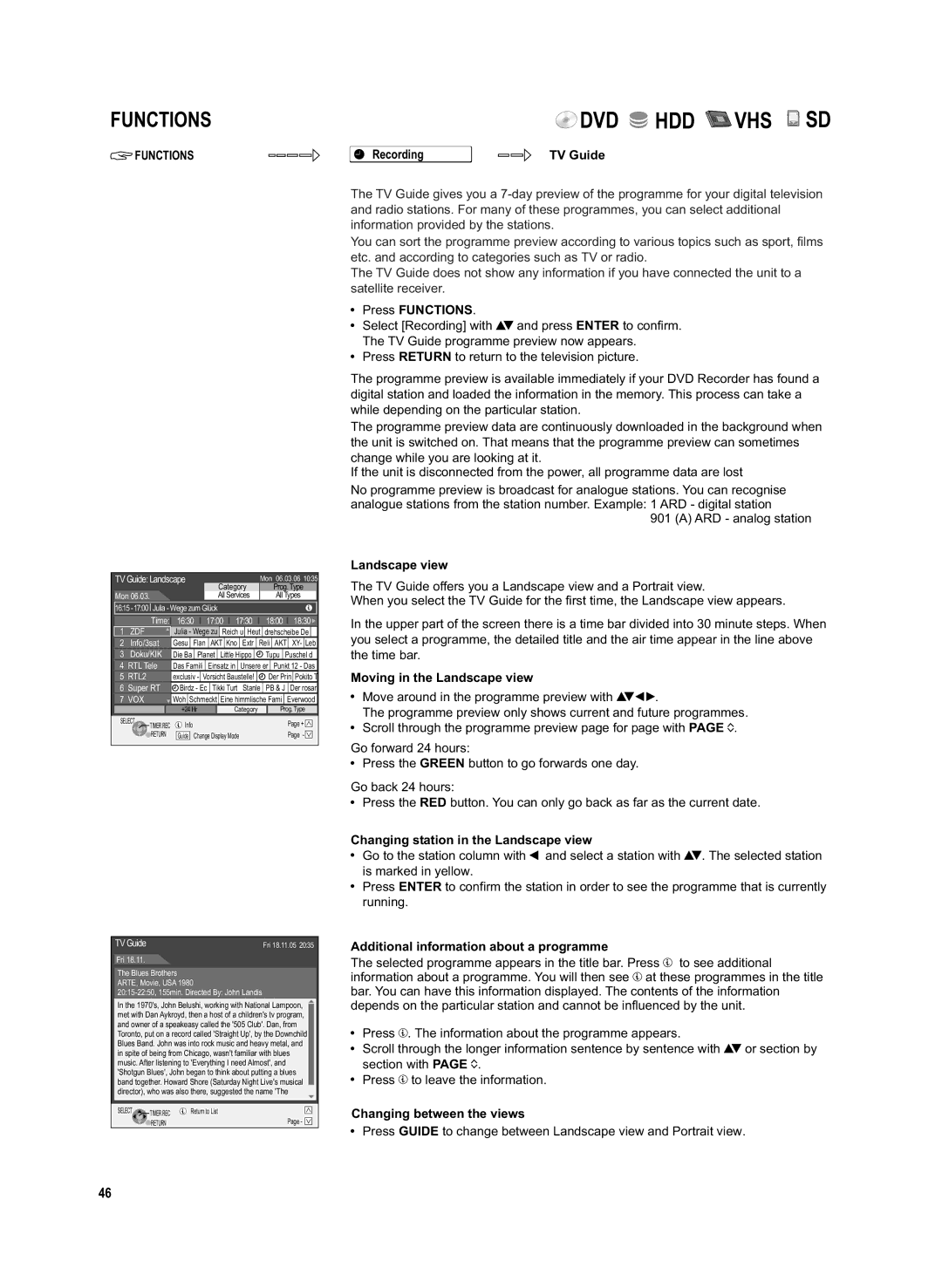 Panasonic DMR-EX95V manual Recording TV Guide, Moving in the Landscape view, Changing station in the Landscape view 