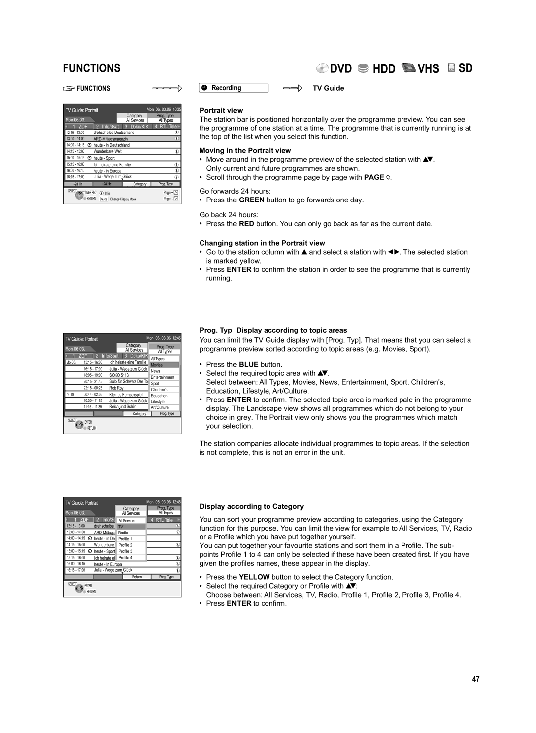 Panasonic DMR-EX95V Recording TV Guide Portrait view, Moving in the Portrait view, Changing station in the Portrait view 