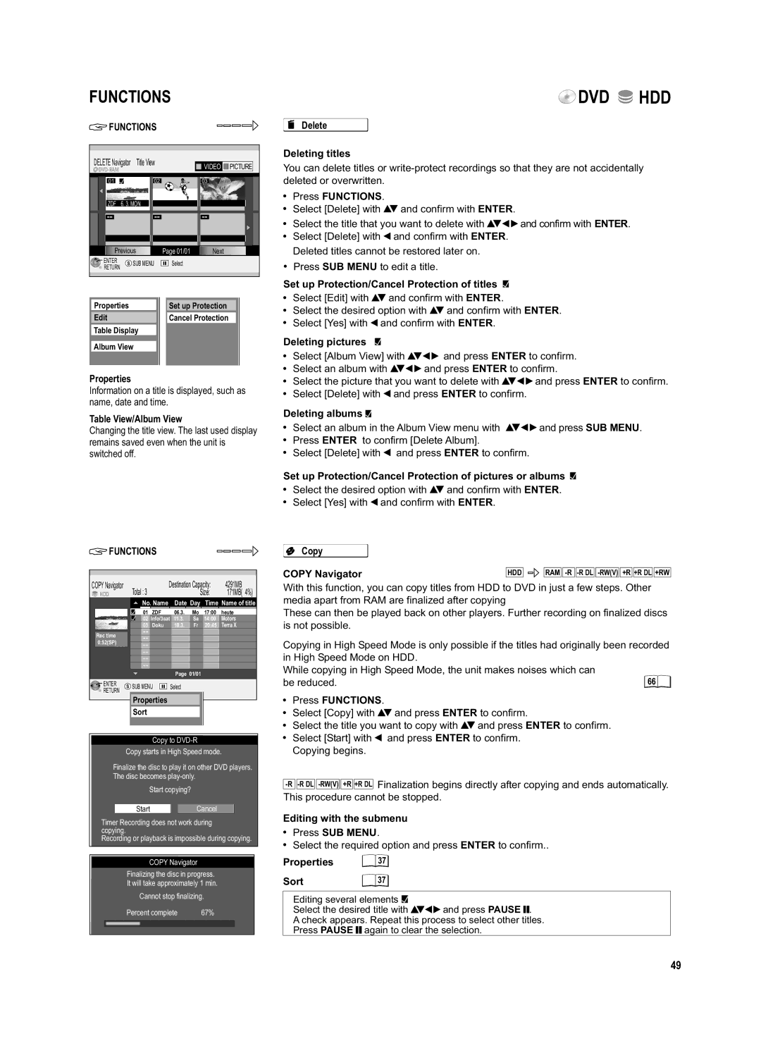 Panasonic DMR-EX95V manual Table View/Album View, Delete Deleting titles, Set up Protection/Cancel Protection of titles 