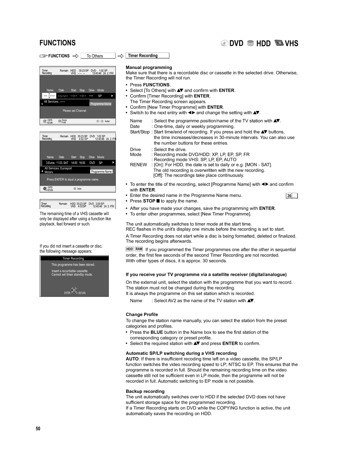 Panasonic DMR-EX95V Timer Recording Manual programming, Change Profile, Automatic SP/LP switching during a VHS recording 