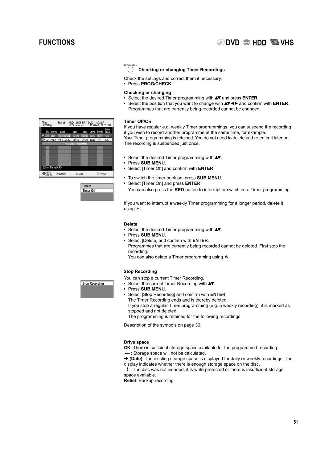 Panasonic DMR-EX95V Check the settings and correct them if necessary, Press PROG/CHECK Checking or changing, Timer Off/On 