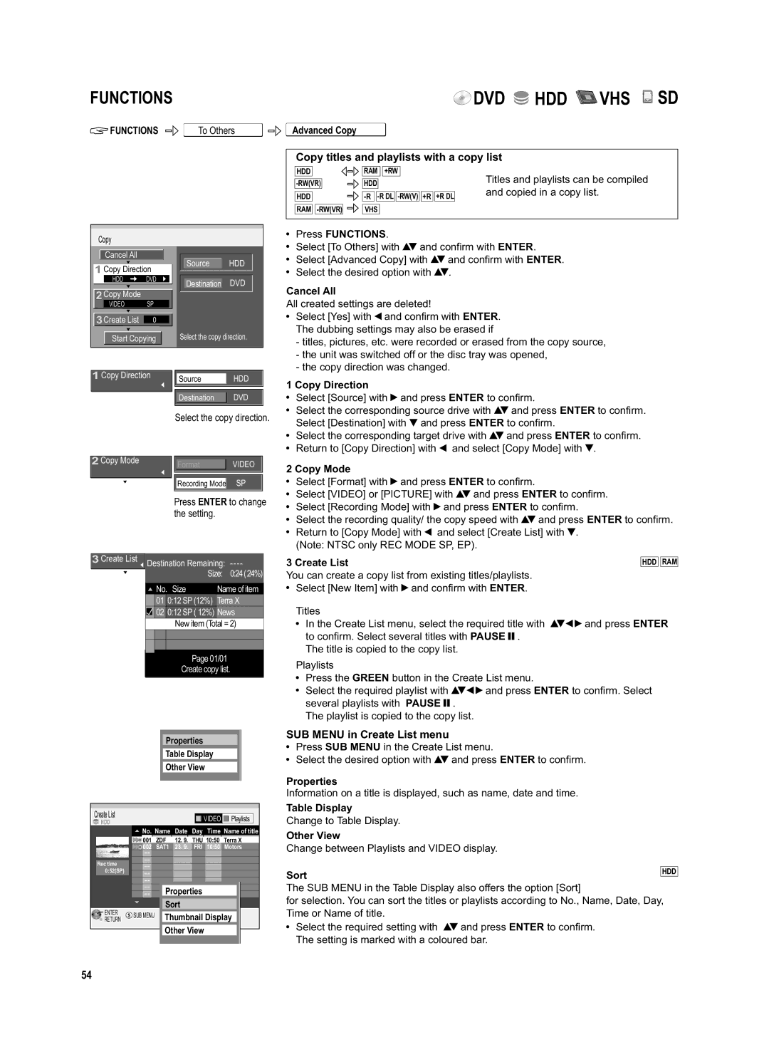 Panasonic DMR-EX95V manual Copy titles and playlists with a copy list, SUB Menu in Create List menu 