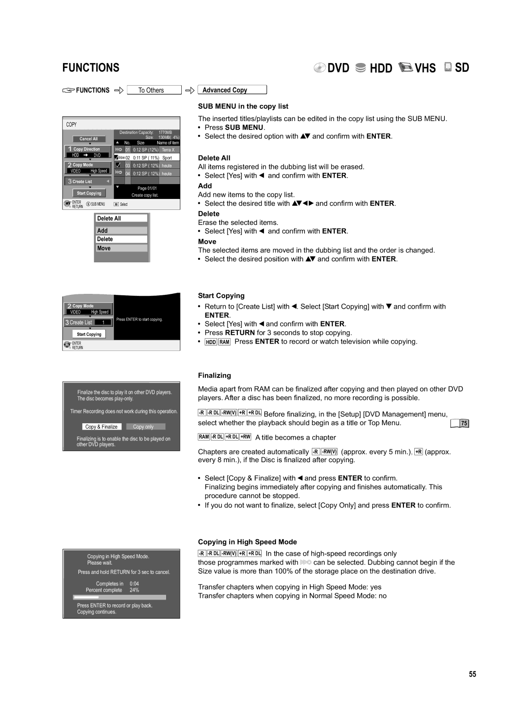 Panasonic DMR-EX95V manual To Others, Advanced Copy SUB Menu in the copy list, Start Copying, Finalizing 