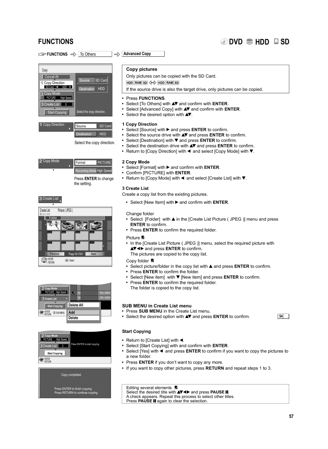 Panasonic DMR-EX95V manual Copy pictures, Functions To Others Advanced Copy 