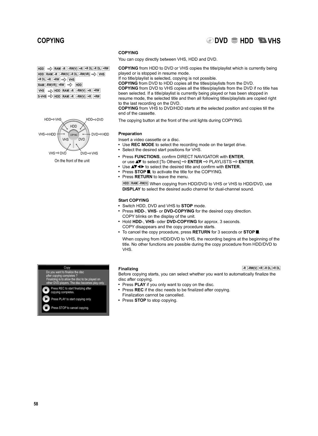 Panasonic DMR-EX95V manual On the front of the unit, Copying 