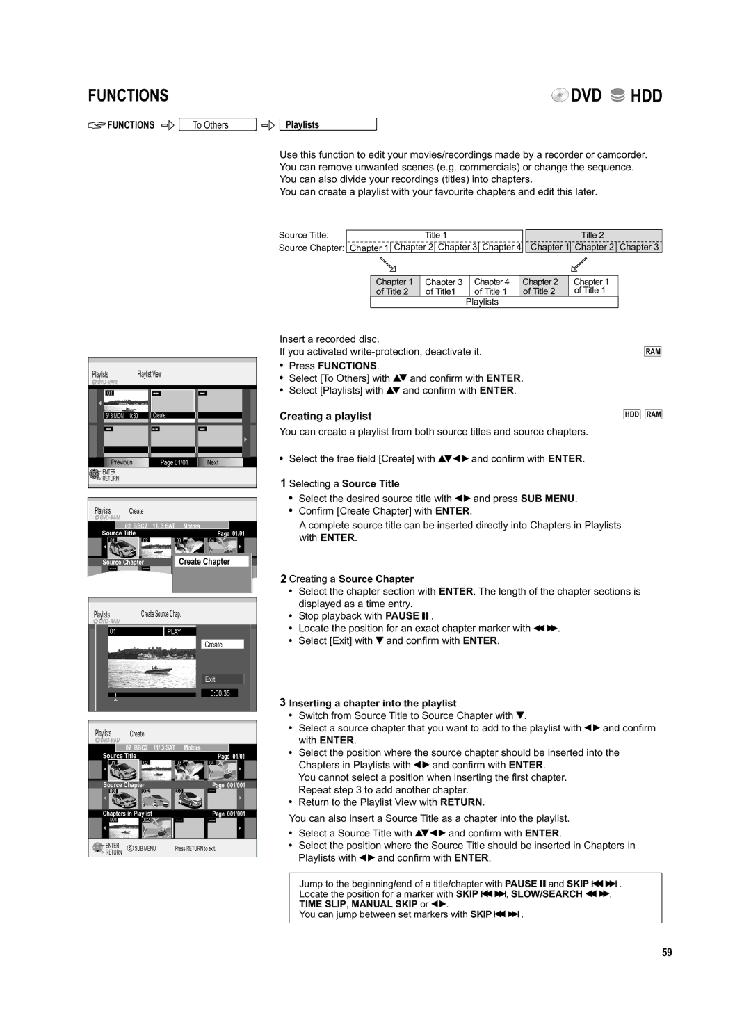 Panasonic DMR-EX95V manual Creating a playlist, To Others Playlists, Creating a Source Chapter 