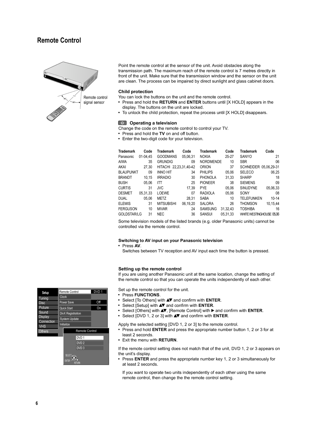 Panasonic DMR-EX95V manual Remote Control, Child protection, Operating a television, Setting up the remote control 