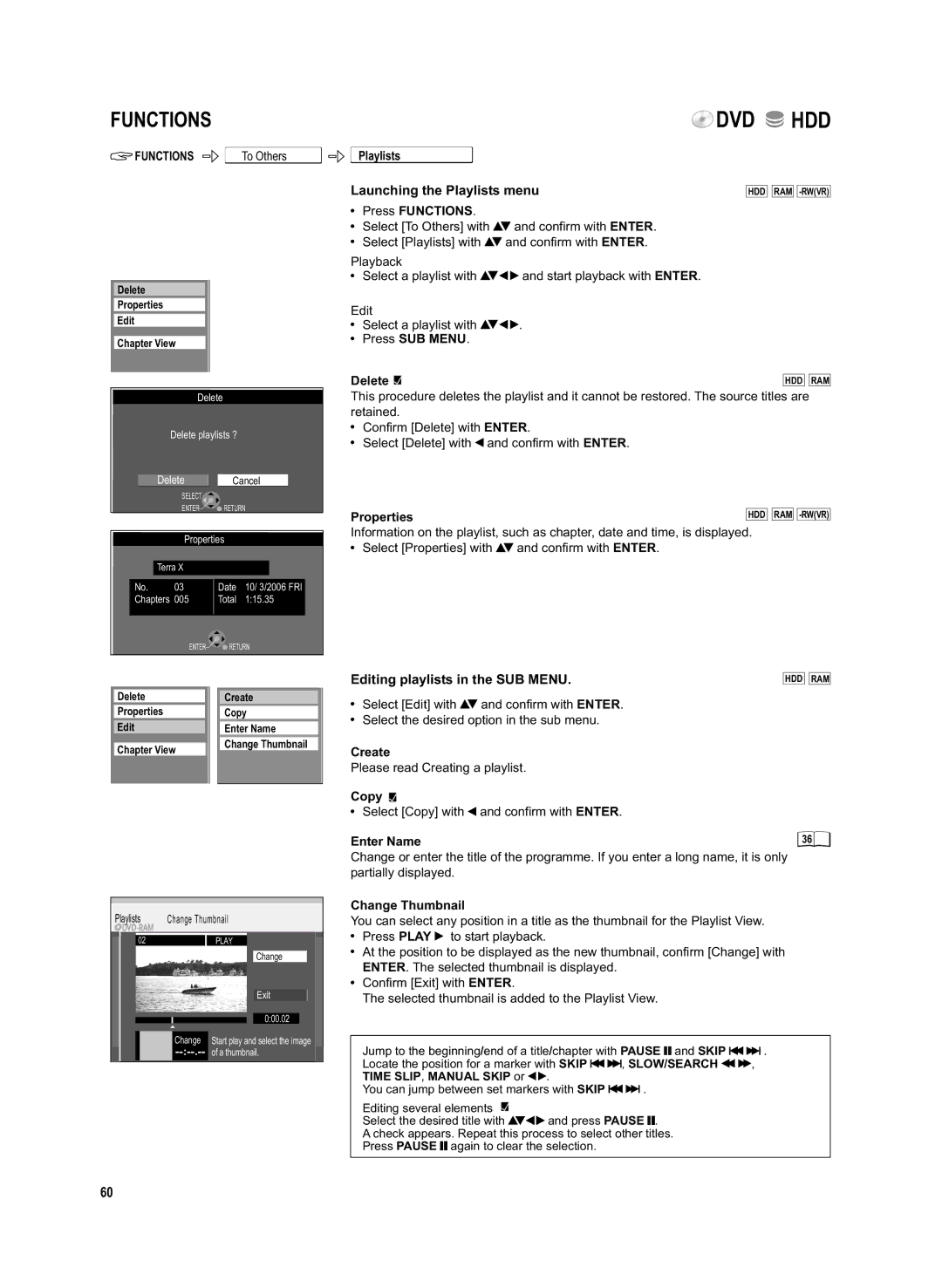 Panasonic DMR-EX95V Launching the Playlists menu, Editing playlists in the SUB Menu, Press SUB Menu Delete, Create, Copy 